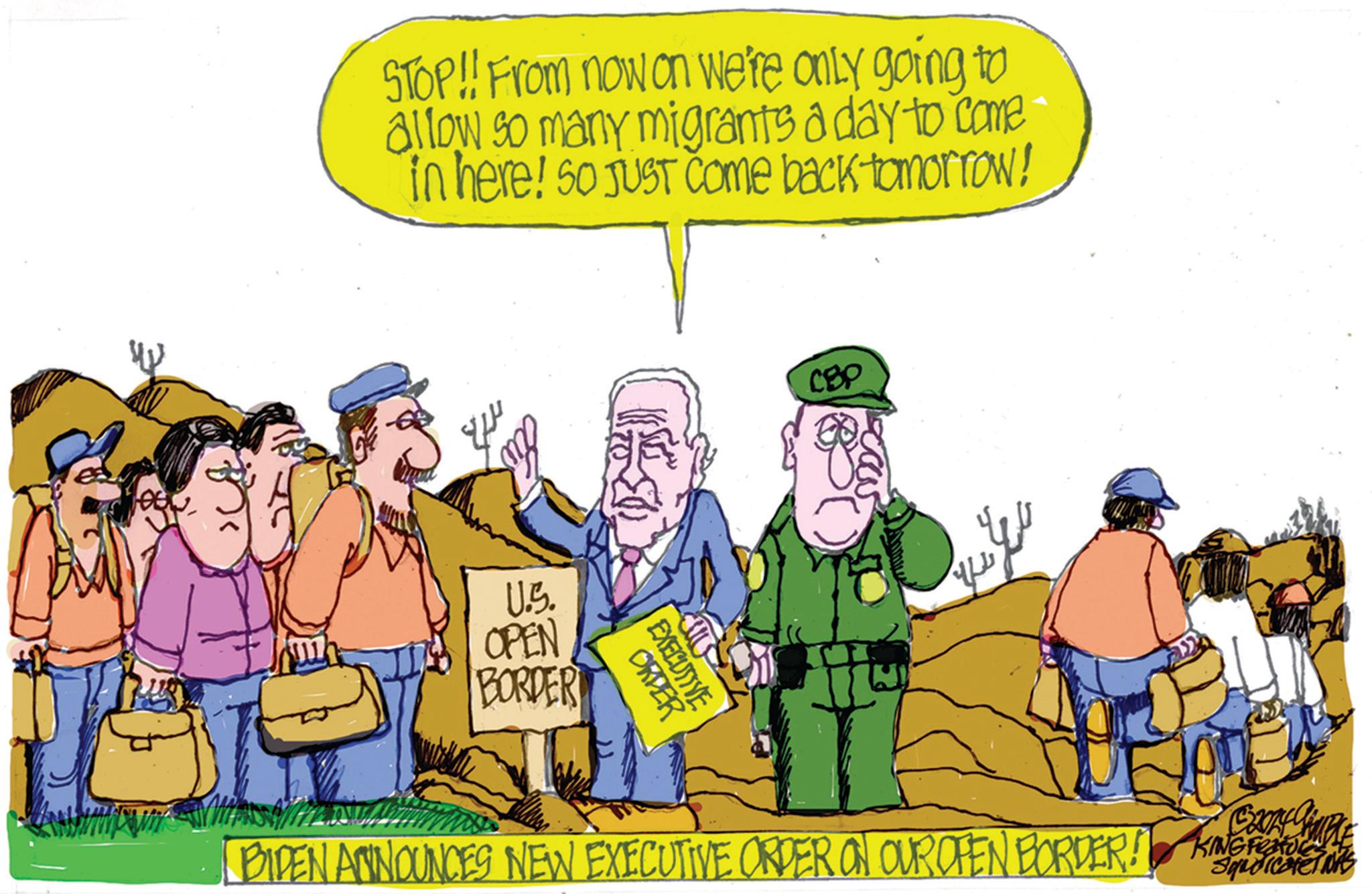 Fiction OCR: STOP!! From now on we're only going to allow so many migrants a day to come in here! So JUST Come back tomorrow! U.S. OPEN BORDER ORDER EXECUTIVE CBP BACKY CAMPLE BIDEN ANNOUNCES NEW EXECUTIVE ORDER ON OUR OPEN BORDER! KING STOP !! From now on we're only going to allow so many migrants a day to come in here ! So JUST Come back tomorrow ! U.S. OPEN BORDER ORDER EXECUTIVE CBP BACKY CAMPLE BIDEN ANNOUNCES NEW EXECUTIVE ORDER ON OUR OPEN BORDER ! KING