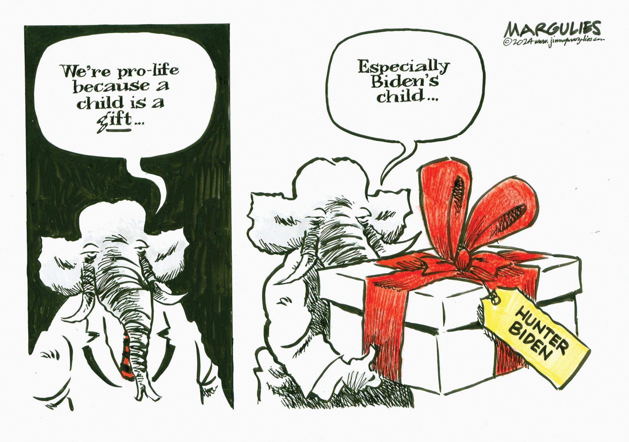 Event OCR: We're pro-life because a child is a gift... Especially Biden's child... MARGULIES ©2024 www.jimmyparzelies.co HUNTER BIDEN We're pro - life because a child is a gift ... Especially Biden's child ... MARGULIES © 2024 www.jimmyparzelies.co HUNTER BIDEN