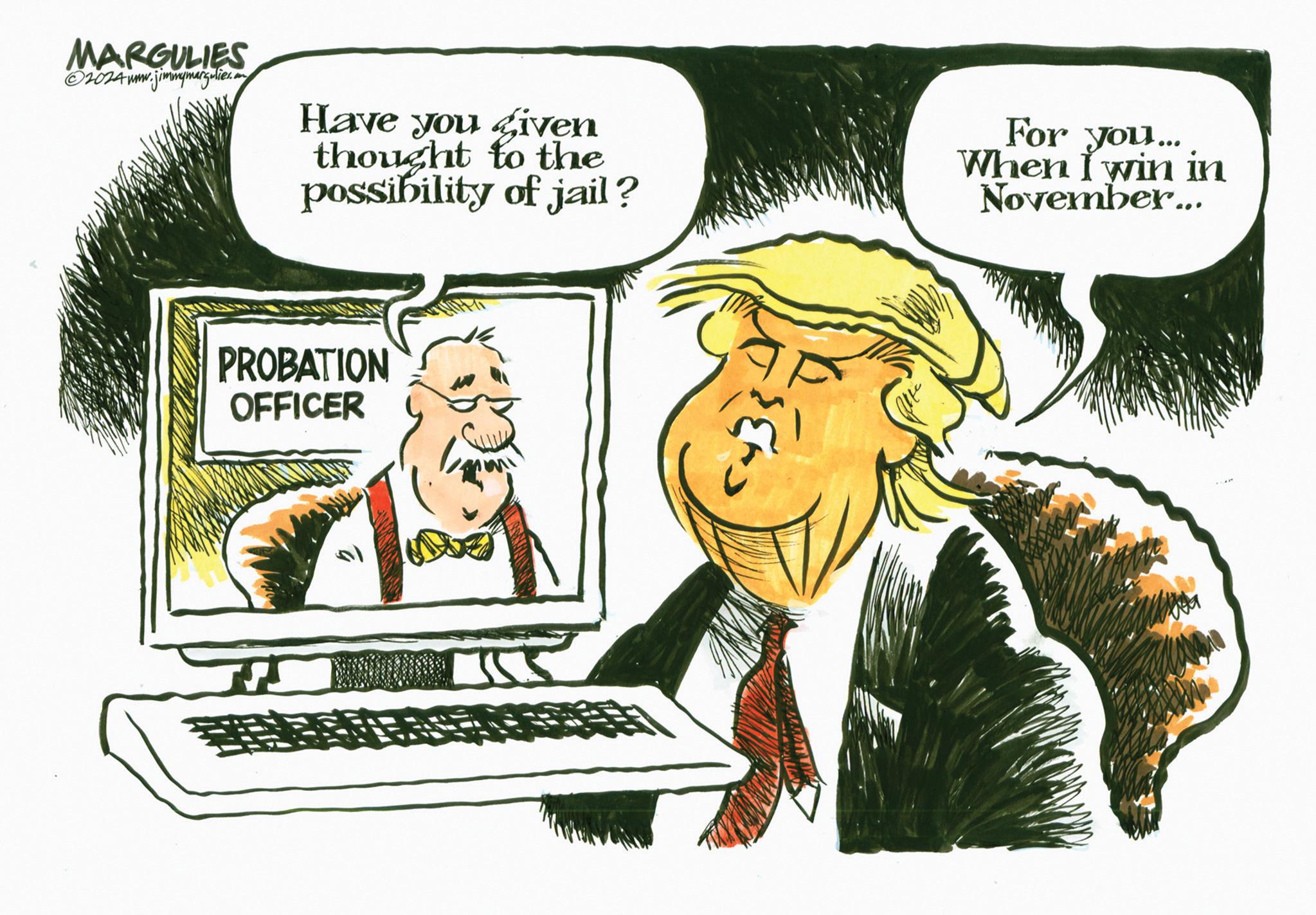 Line OCR: MARGULIES ©2024mmw.jimmymargulies.on Have you given thought to the possibility of jail? For you... When I win in November... PROBATION OFFICER MARGULIES © 2024mmw.jimmymargulies.on Have you given thought to the possibility of jail ? For you ... When I win in November ... PROBATION OFFICER