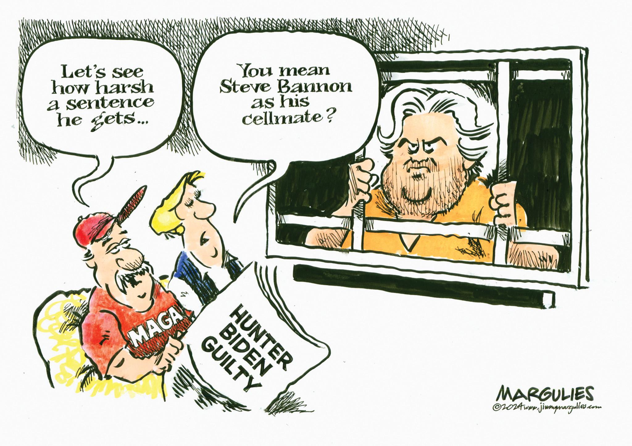 Conversation OCR: Let's see how harsh a sentence he gets... You mean Steve Bannon as his cellmate? MAGA GUILTY BIDEN HUNTER ? MARGULIES @2024www.jimmymargulles.com W Let's see how harsh a sentence he gets ... You mean Steve Bannon as his cellmate ? MAGA GUILTY BIDEN HUNTER ? MARGULIES @ 2024www.jimmymargulles.com W