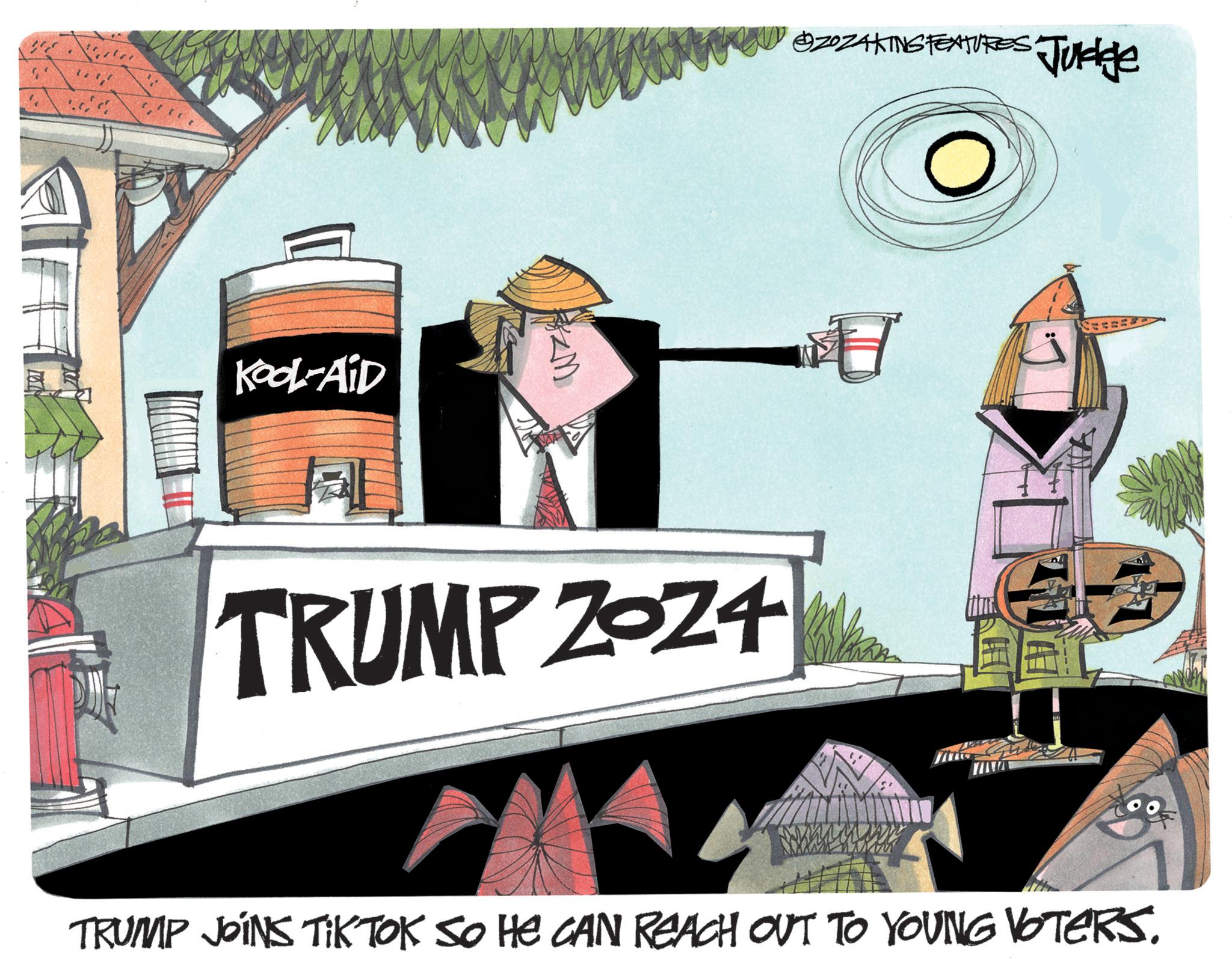 Graphic design OCR: " Kool-Aid TRUMP ZOZ4 @2OZAKING FEATURES Judge 0 TRUMP JOINS TIK TOK SO HE CAN REACH OUT TO YOUNG VOTERS. " Kool - Aid TRUMP ZOZ4 @ 2OZAKING FEATURES Judge 0 TRUMP JOINS TIK TOK SO HE CAN REACH OUT TO YOUNG VOTERS .
