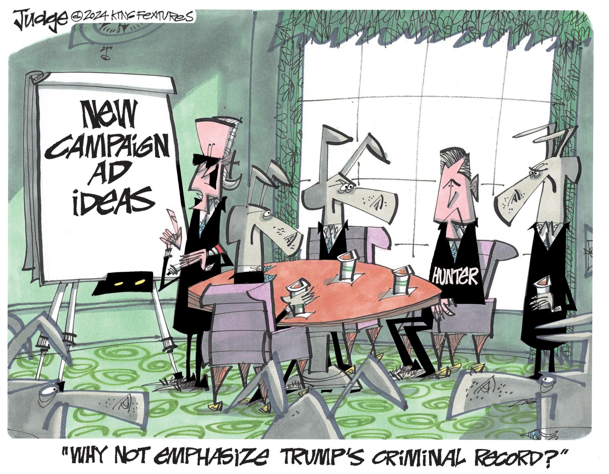 Event OCR: Judge @2024 KING FEXTURES New CAMPAIGN AD iDEAS ? HUNTER 1 6 "WHY NOT EMPHASIZE TRUMP'S CRIMINAL RECORD?" Judge @ 2024 KING FEXTURES New CAMPAIGN AD iDEAS ? HUNTER 1 6 " WHY NOT EMPHASIZE TRUMP'S CRIMINAL RECORD ? "