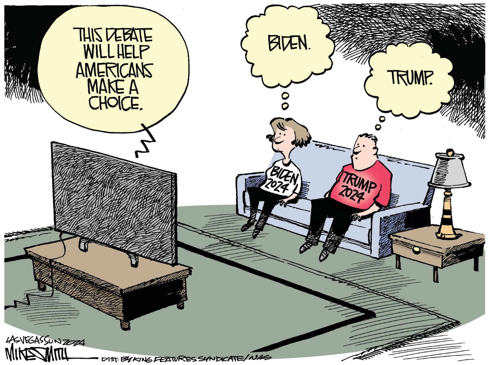 Event OCR: THIS DEBATE WILL HELP AMERICANS MAKE A CHOICE. BIDEN. 00 TRUMP. BIDEN 2024 LASVEGASSUNTOZA MINE WITH DIST. BYKING FEATURES SYNDICATE/NAS TRUMP 2024 THIS DEBATE WILL HELP AMERICANS MAKE A CHOICE . BIDEN . 00 TRUMP . BIDEN 2024 LASVEGASSUNTOZA MINE WITH DIST . BYKING FEATURES SYNDICATE / NAS TRUMP 2024