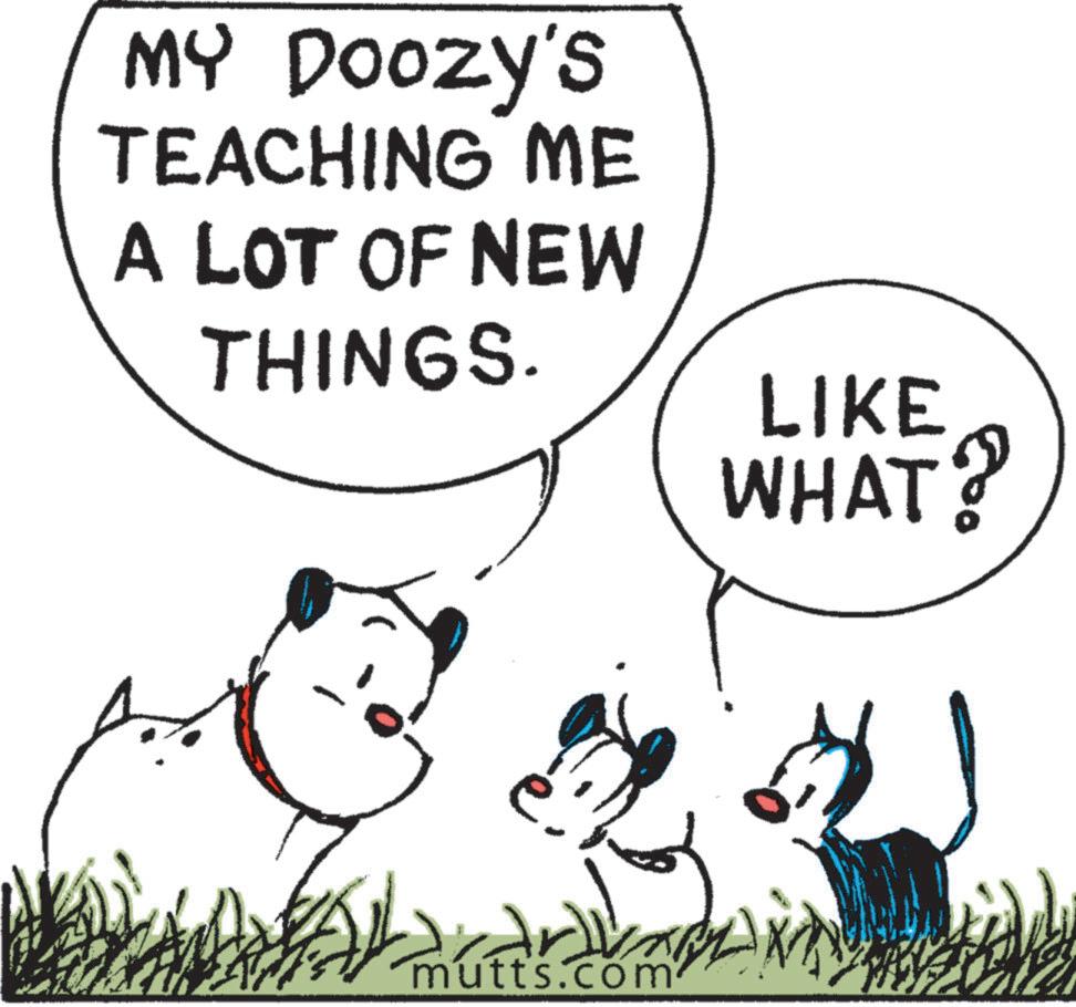 Grass OCR: MY Doozy's TEACHING ME A LOT OF NEW THINGS. LIKE WHAT? mutts.com MY Doozy's TEACHING ME A LOT OF NEW THINGS . LIKE WHAT ? mutts.com