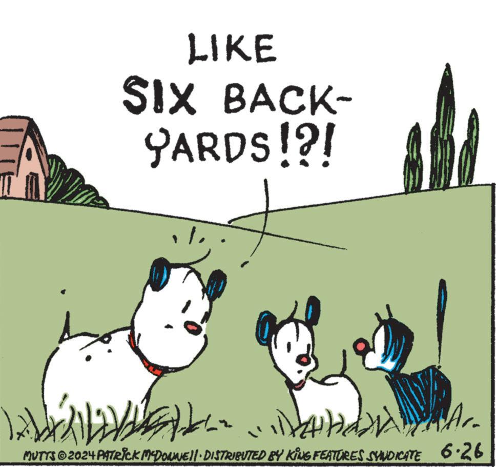 Snout OCR: LIKE SIX BACK- YARDS!?! Ar- MUTTS©2024 PATRICK MYDONNE!!· DISTRIBUTED BY KING FEATURES SYNDICATE 6.26 LIKE SIX BACK- YARDS ! ? ! Ar- MUTTS © 2024 PATRICK MYDONNE !! · DISTRIBUTED BY KING FEATURES SYNDICATE 6.26