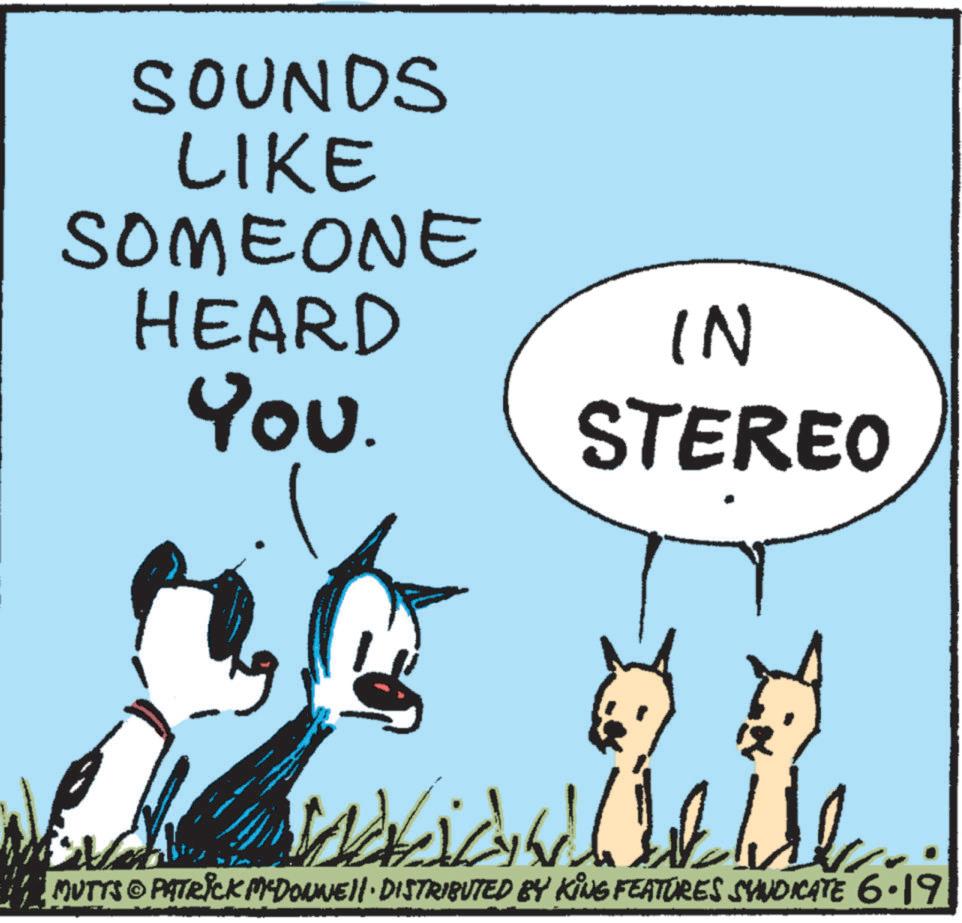Illustration OCR: SOUNDS LIKE SOMEONE HEARD You. IN STEREO MUTTS © PATRICK MYDONNEII · DISTRIBUTED BY KING FEATURES SYNDICATE 6.19 SOUNDS LIKE SOMEONE HEARD You . IN STEREO MUTTS © PATRICK MYDONNEII · DISTRIBUTED BY KING FEATURES SYNDICATE 6.19