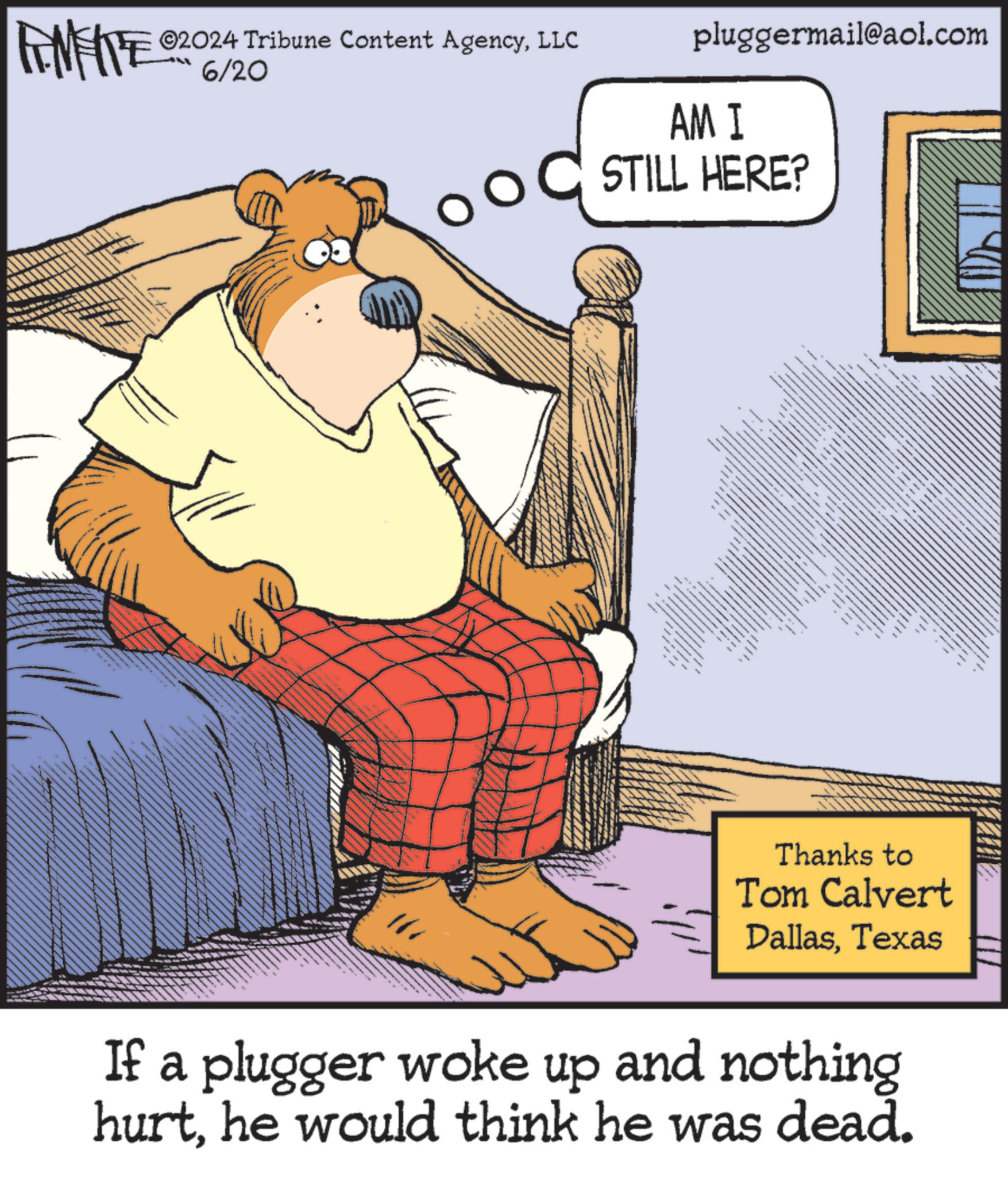 Thumb OCR: FEMEIE ©2024 Tribune Content AgencyLLC 6/20 pluggermail@aol.com AM I STILL HERE? kk k Thanks to Tom Calvert DallasTexas If a plugger woke up and nothing hurthe would think he was dead. FEMEIE © 2024 Tribune Content AgencyLLC 6/20 pluggermail@aol.com AM I STILL HERE ? kk k Thanks to Tom Calvert DallasTexas If a plugger woke up and nothing hurthe would think he was dead .