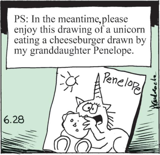 Parallel OCR: PS: In the meantimeplease enjoy this drawing of a unicorn eating a cheeseburger drawn by my granddaughter Penelope. Penelope 6.28 ??????? PS : In the meantimeplease enjoy this drawing of a unicorn eating a cheeseburger drawn by my granddaughter Penelope . Penelope 6.28 ???????
