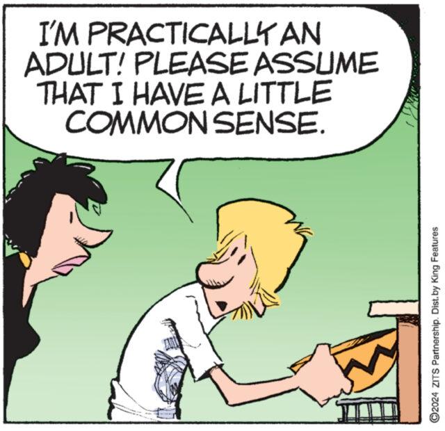 Parallel OCR: I'M PRACTICALLY AN ADULT! PLEASE ASSUME THAT I HAVE A LITTLE COMMON SENSE. ©2024 ZITS Partnership. Dist. by King Features I'M PRACTICALLY AN ADULT ! PLEASE ASSUME THAT I HAVE A LITTLE COMMON SENSE . © 2024 ZITS Partnership . Dist . by King Features