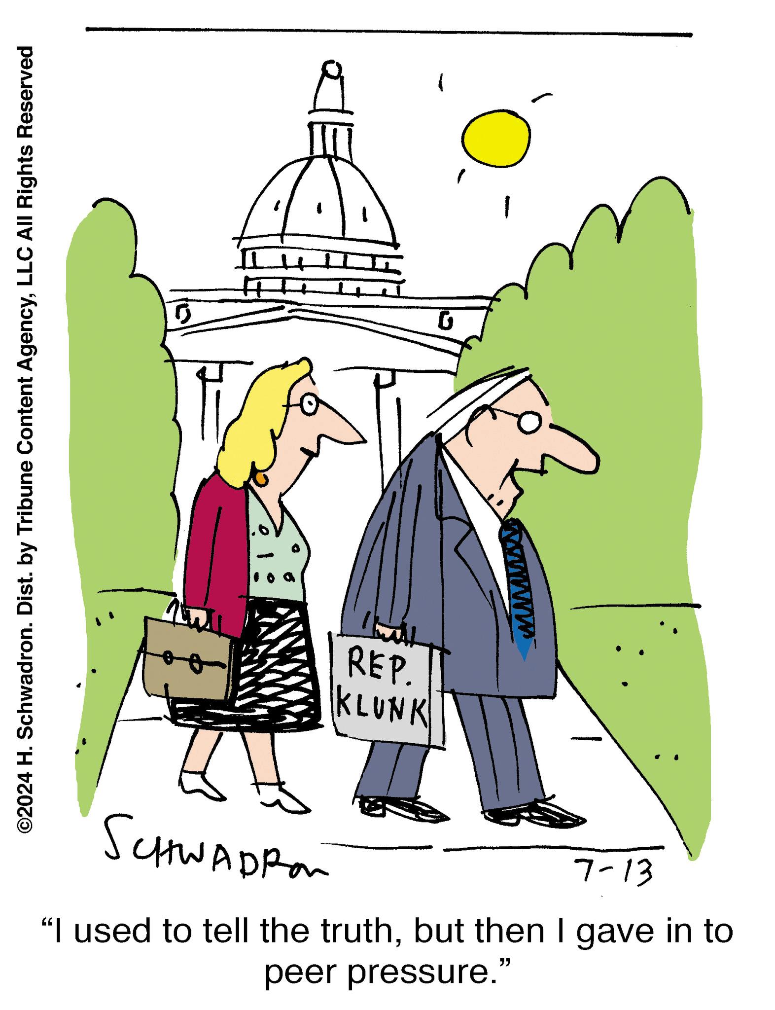 Line OCR: - ? ©2024 H. Schwadron. Dist. by Tribune Content AgencyLLC All Rights Reserved wwwwww REP. KLUNK SCHWADRO 7-13 "I used to tell the truthbut then I gave in to peer pressure." - ? © 2024 H. Schwadron . Dist . by Tribune Content AgencyLLC All Rights Reserved wwwwww REP . KLUNK SCHWADRO 7-13 " I used to tell the truthbut then I gave in to peer pressure . "