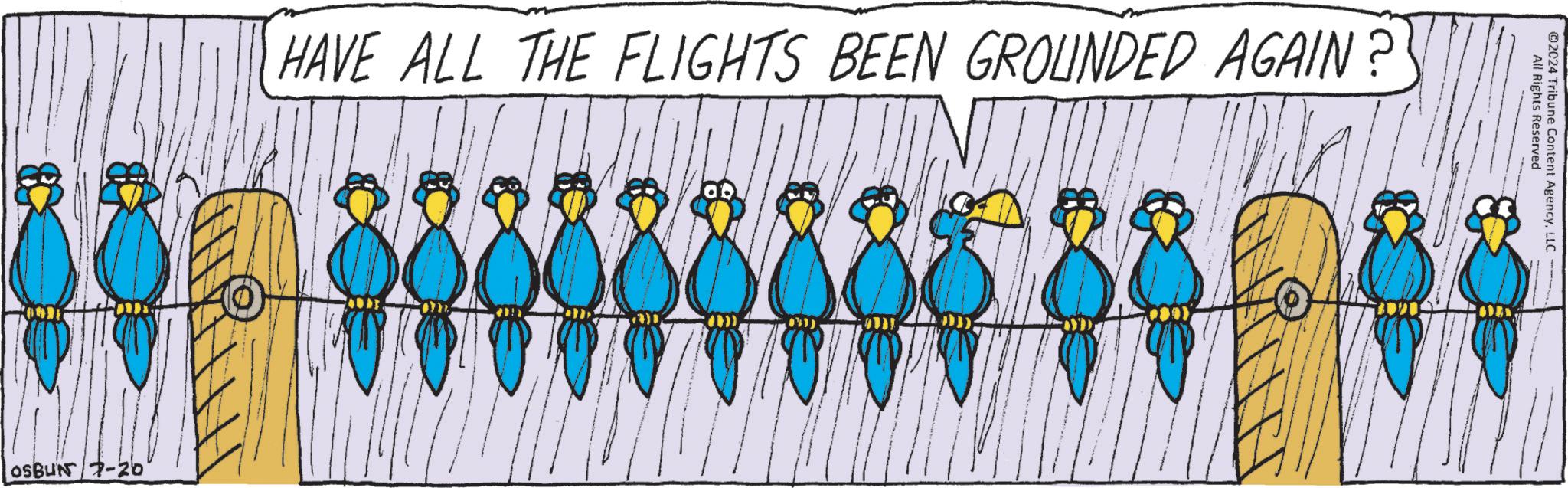 Art OCR: HAVE ALL THE FLIGHTS BEEN GROUNDED AGAIN? OSBUN 7-20 ©2024 Tribune Content Agency. LLC - All Rights Reserved HAVE ALL THE FLIGHTS BEEN GROUNDED AGAIN ? OSBUN 7-20 © 2024 Tribune Content Agency . LLC - All Rights Reserved