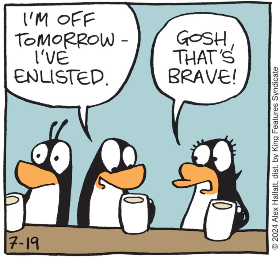Font OCR: 7-19 I'M OFF TOMORROW - I'VE GOSH THAT'S ENLISTED. BRAVE! © 2024 Alex Hallattdist. by King Features Syndicate 7-19 I'M OFF TOMORROW - I'VE GOSH THAT'S ENLISTED . BRAVE ! © 2024 Alex Hallattdist . by King Features Syndicate
