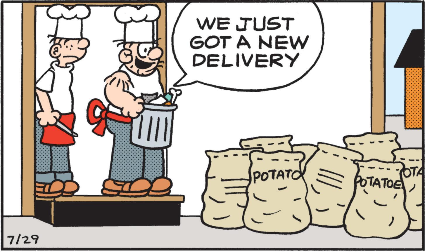 Drawing OCR: 7/29 WE JUST GOT A NEW DELIVERY POTATO POTA POTATOE 7/29 WE JUST GOT A NEW DELIVERY POTATO POTA POTATOE
