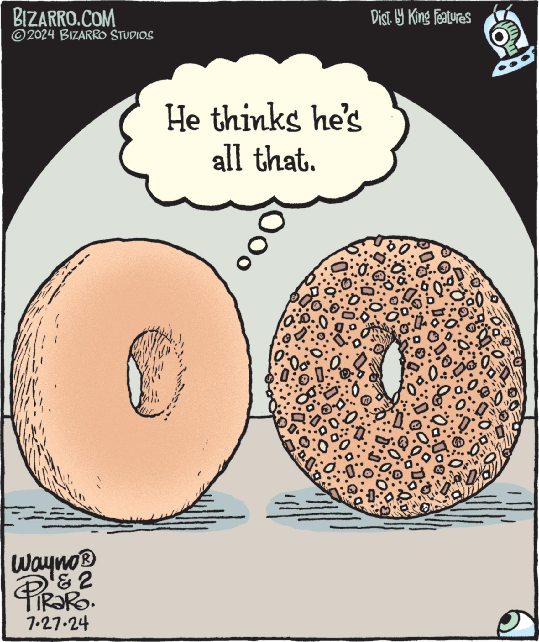 Diagram OCR: BIZARRO.COM ©2024 BIZARRO STUDIOS Wayno? 2 PiRaRo. 7.27.24 He thinks he's all that. 0. Dist. by King Features 00.0 BIZARRO.COM © 2024 BIZARRO STUDIOS Wayno? 2 PiRaRo . 7.27.24 He thinks he's all that . 0 . Dist . by King Features 00.0