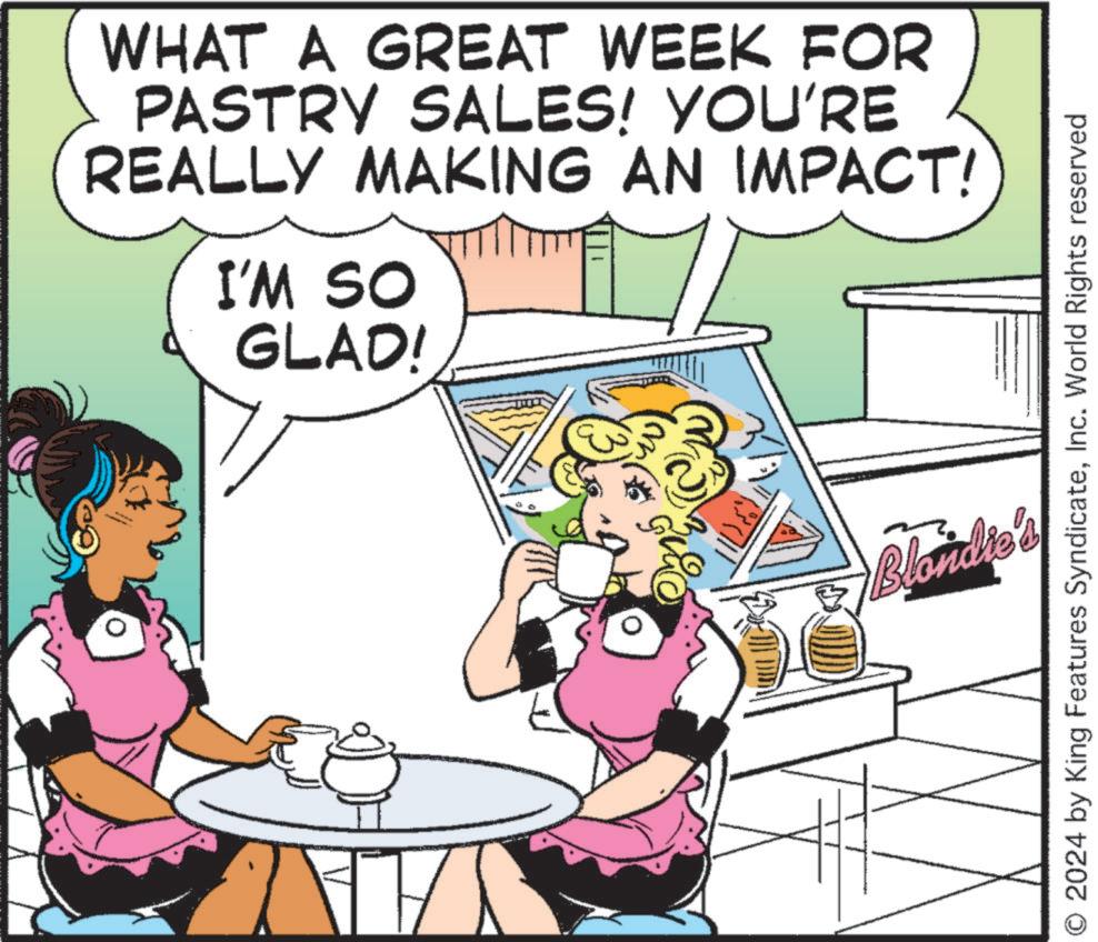 Happy OCR: WHAT A GREAT WEEK FOR PASTRY SALES! YOU'RE REALLY MAKING AN IMPACT! I'M SO GLAD! Blondie's O 2024 by King Features SyndicateInc. World Rights reserved WHAT A GREAT WEEK FOR PASTRY SALES ! YOU'RE REALLY MAKING AN IMPACT ! I'M SO GLAD ! Blondie's O 2024 by King Features SyndicateInc. World Rights reserved
