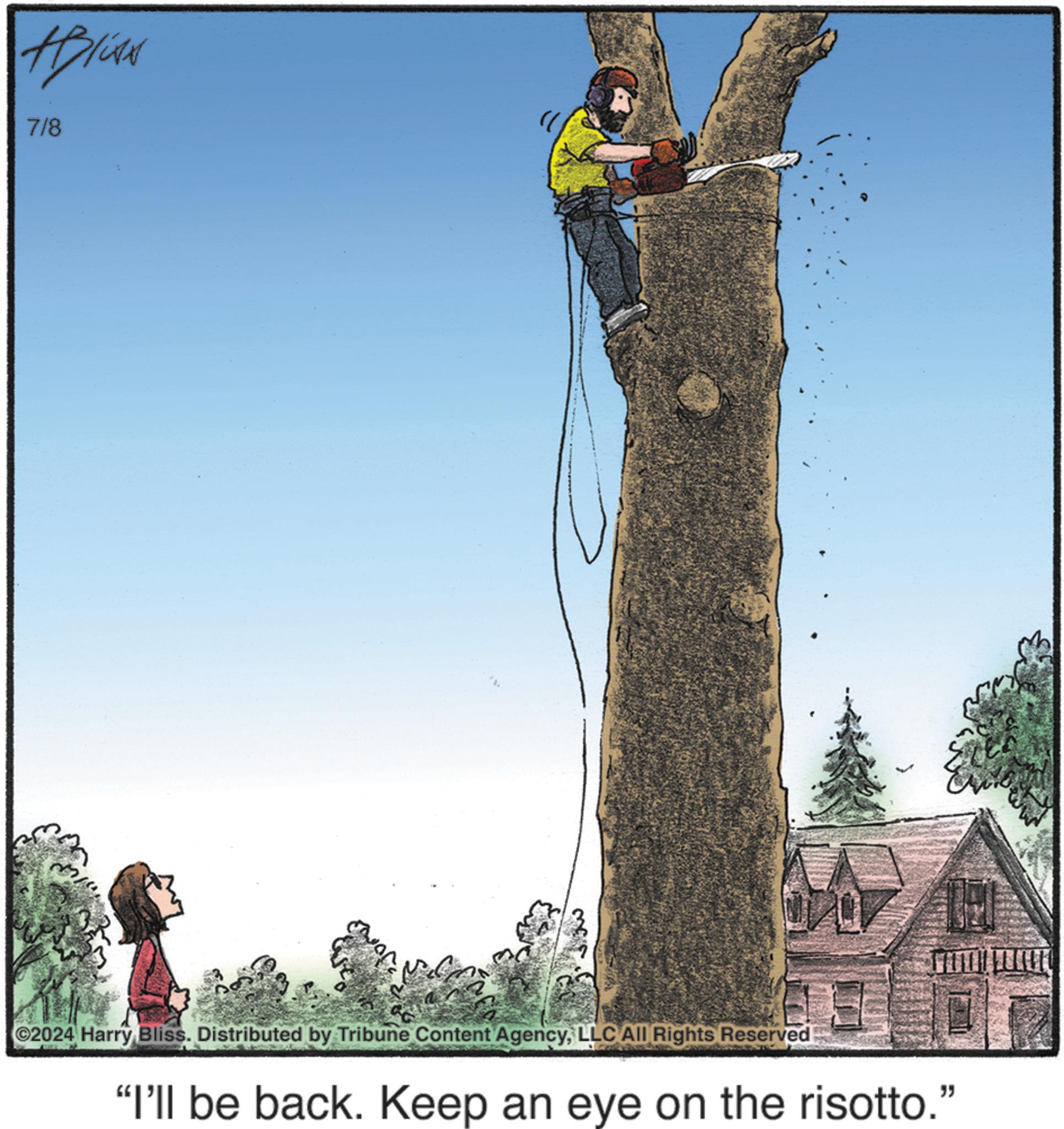 Arborist OCR: ABlite 7/8 2024 Harry Bliss. Distributed by Tribune Content AgencyLLC All Rights Reserved "I'll be back. Keep an eye on the risotto." ABlite 7/8 2024 Harry Bliss . Distributed by Tribune Content AgencyLLC All Rights Reserved " I'll be back . Keep an eye on the risotto . "