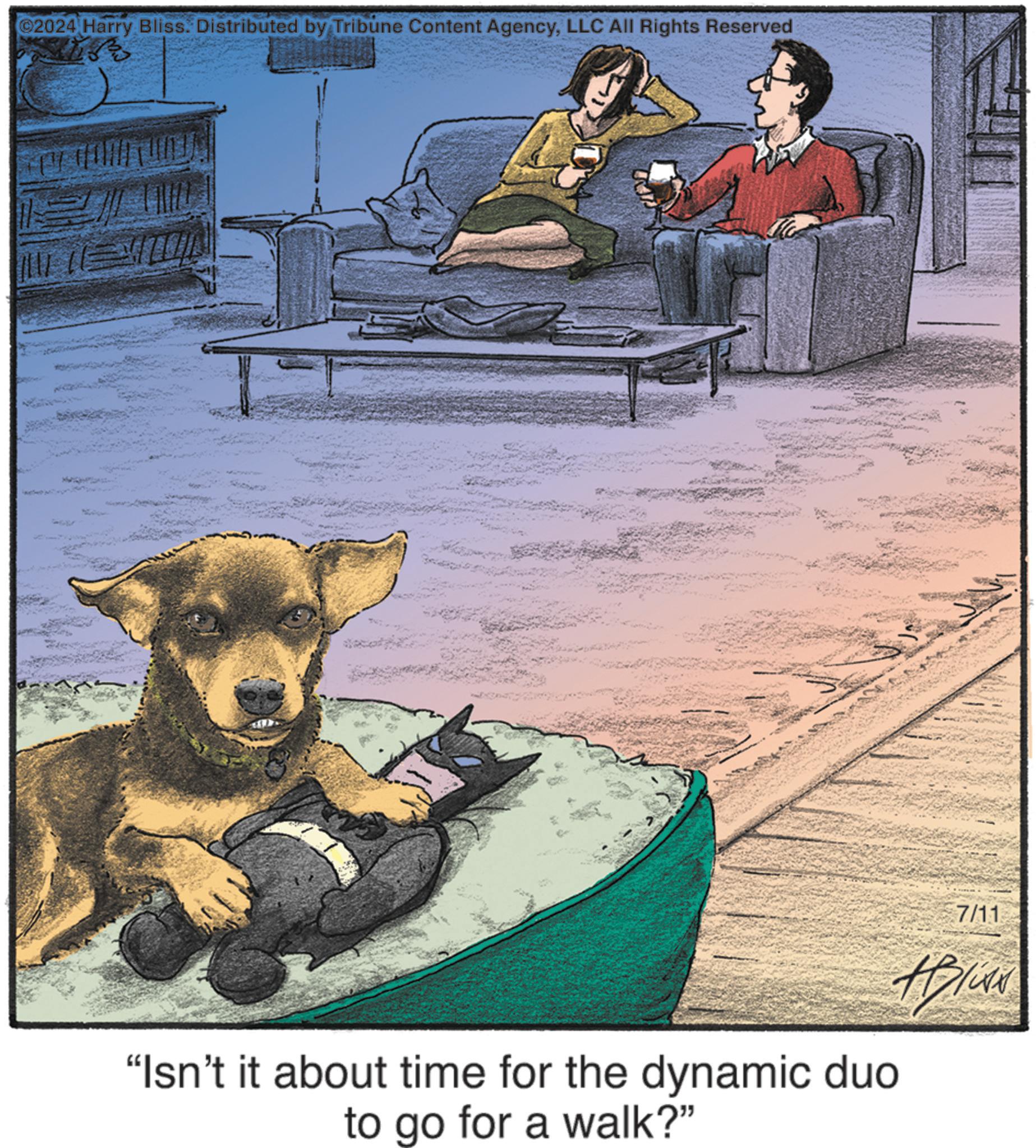 Drawing OCR: 2024 Harry Bliss. Distributed by Tribune Content AgencyLLC All Rights Reserved "Isn't it about time for the dynamic duo to go for a walk?" 7/11 2024 Harry Bliss . Distributed by Tribune Content AgencyLLC All Rights Reserved " Isn't it about time for the dynamic duo to go for a walk ? " 7/11