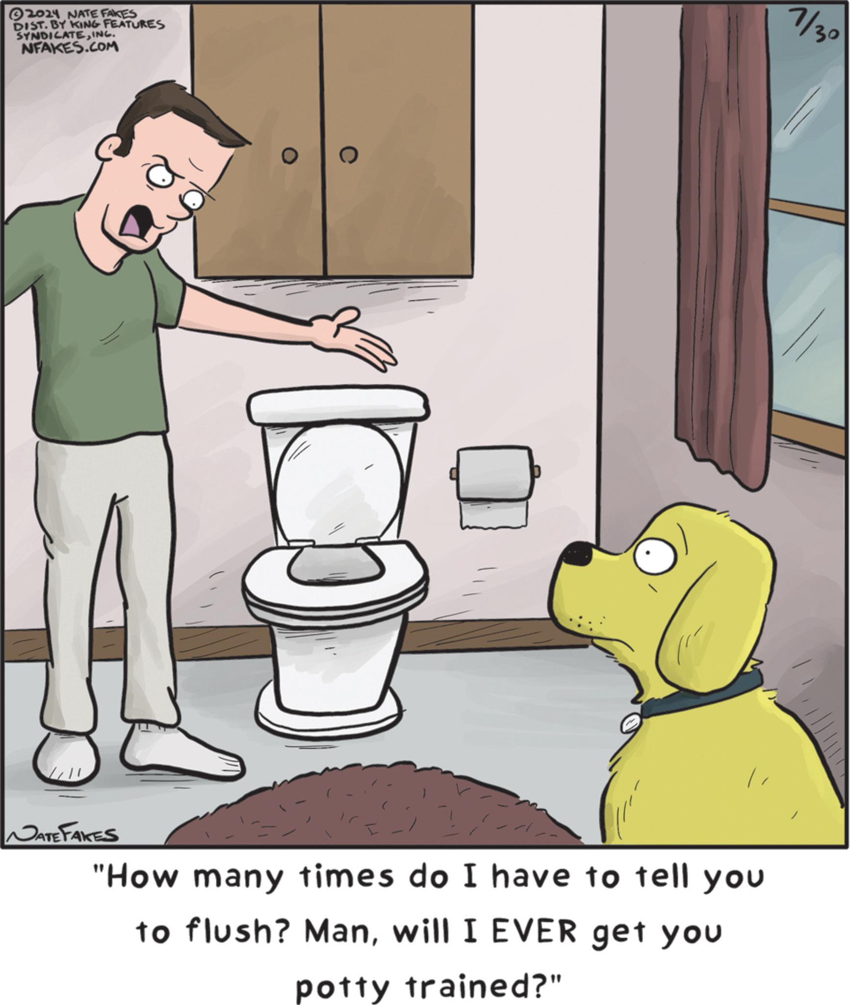 Illustration OCR: 2024 NATE FAKES DIST. BY KING FEATURES SYNDICATEING. NFAKES.COM 7/30 NATE FAKES "How many times do I have to tell you to flush? Manwill I EVER get you potty trained?" 2024 NATE FAKES DIST . BY KING FEATURES SYNDICATEING . NFAKES.COM 7/30 NATE FAKES " How many times do I have to tell you to flush ? Manwill I EVER get you potty trained ? "