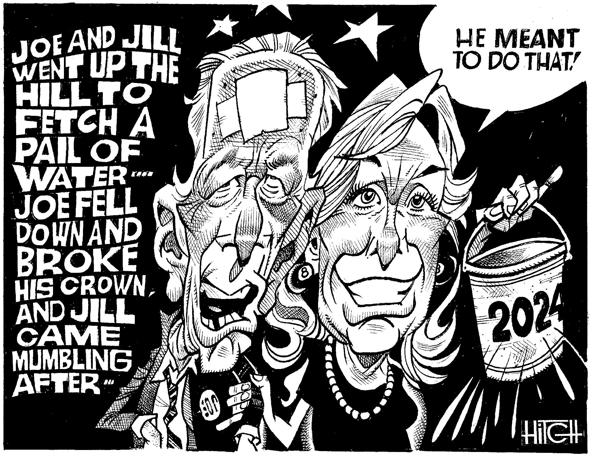 Line art OCR: JOE AND JILL WENT UP THE HILL TO FETCH A PAIL OF WATER JOE FELL DOWN AND BROKE HIS CROWN AND JILL CAME MUMBLING AFTER 800 HE MEANT TO DO THAT! 2024 Hilell JOE AND JILL WENT UP THE HILL TO FETCH A PAIL OF WATER JOE FELL DOWN AND BROKE HIS CROWN AND JILL CAME MUMBLING AFTER 800 HE MEANT TO DO THAT ! 2024 Hilell