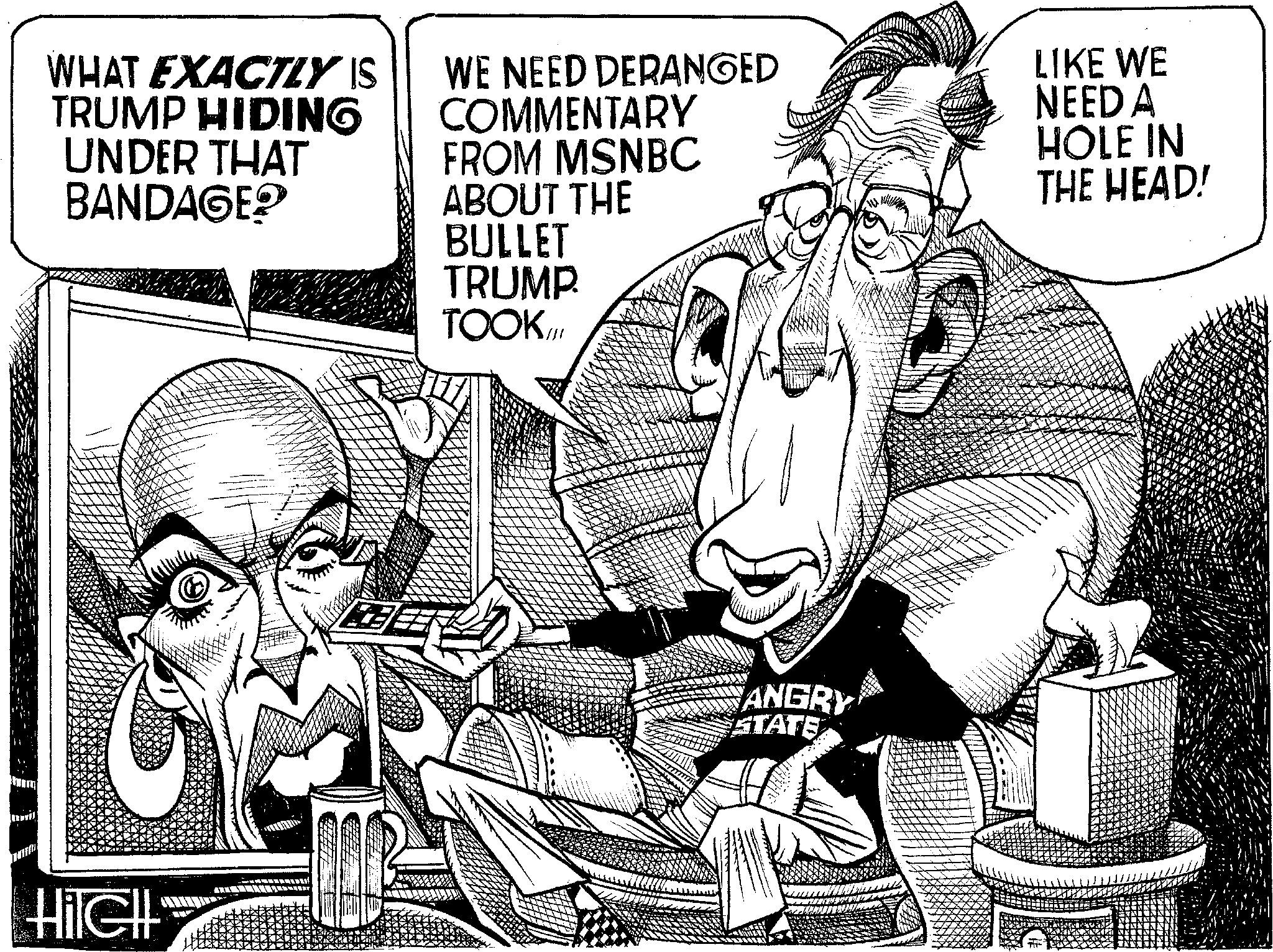 Publication OCR: WHAT EXACTLY IS TRUMP HIDING UNDER THAT BANDAGE? WE NEED DERANGED COMMENTARY FROM MSNBC ABOUT THE BULLET TRUMP. TOOK.III LIKE WE NEED A HOLE IN THE HEAD! HilcH ANGRY STATE WHAT EXACTLY IS TRUMP HIDING UNDER THAT BANDAGE ? WE NEED DERANGED COMMENTARY FROM MSNBC ABOUT THE BULLET TRUMP . TOOK.III LIKE WE NEED A HOLE IN THE HEAD ! HilcH ANGRY STATE
