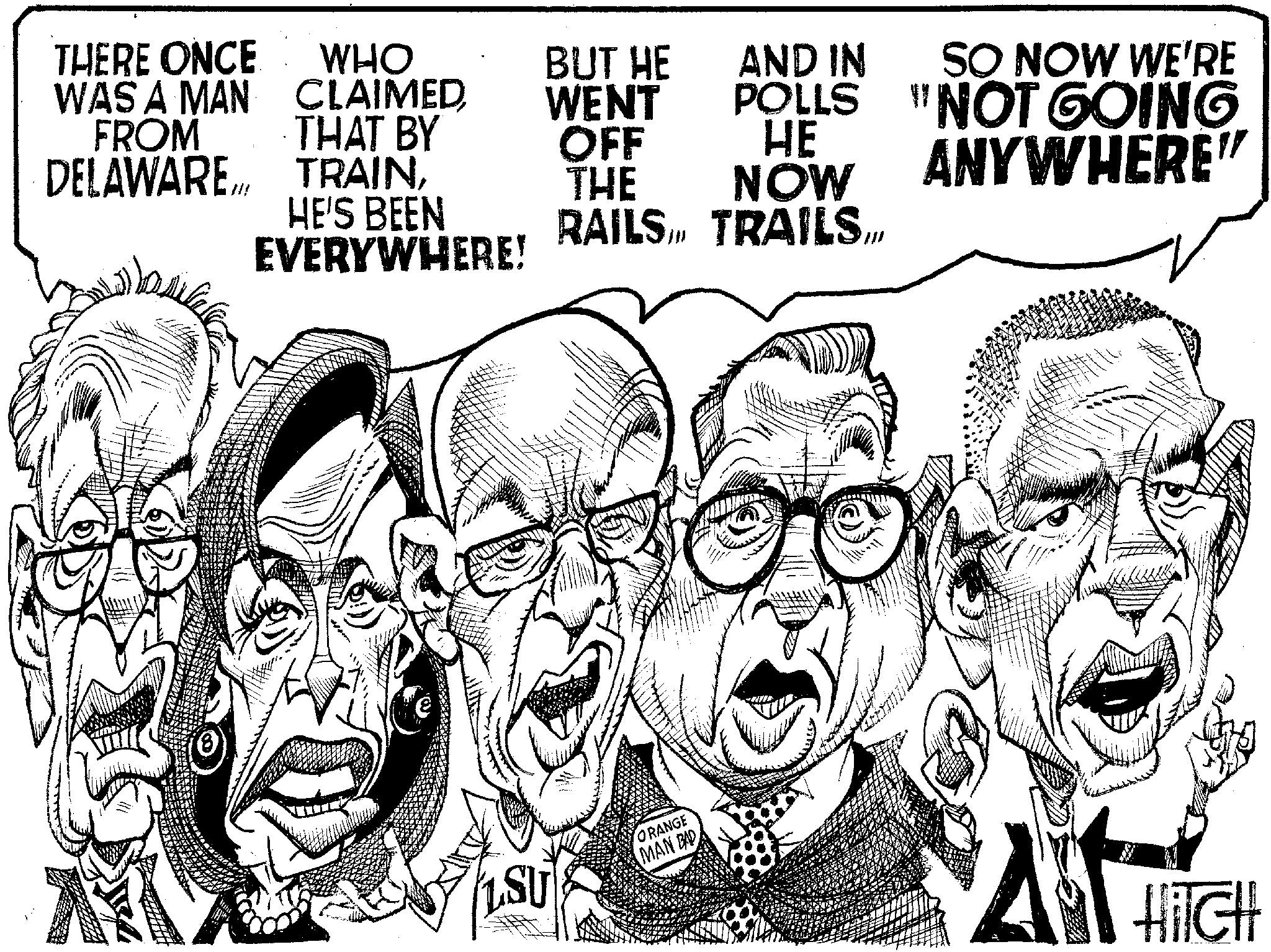 Art OCR: THERE ONCE WAS A MAN FROM DELAWARE WHO CLAIMEDTHAT BY BUT HE WENT OFF AND IN POLLS HE TRAINTHE NOW SO NOW WE'RE "NOT GOING ANYWHERE" HE'S BEEN RAILSEVERYWHERE! L.S ORANGE MAN BAD HITCH THERE ONCE WAS A MAN FROM DELAWARE WHO CLAIMEDTHAT BY BUT HE WENT OFF AND IN POLLS HE TRAINTHE NOW SO NOW WE'RE " NOT GOING ANYWHERE " HE'S BEEN RAILSTRAILS .EVERYWHERE ! L.S ORANGE MAN BAD HITCH