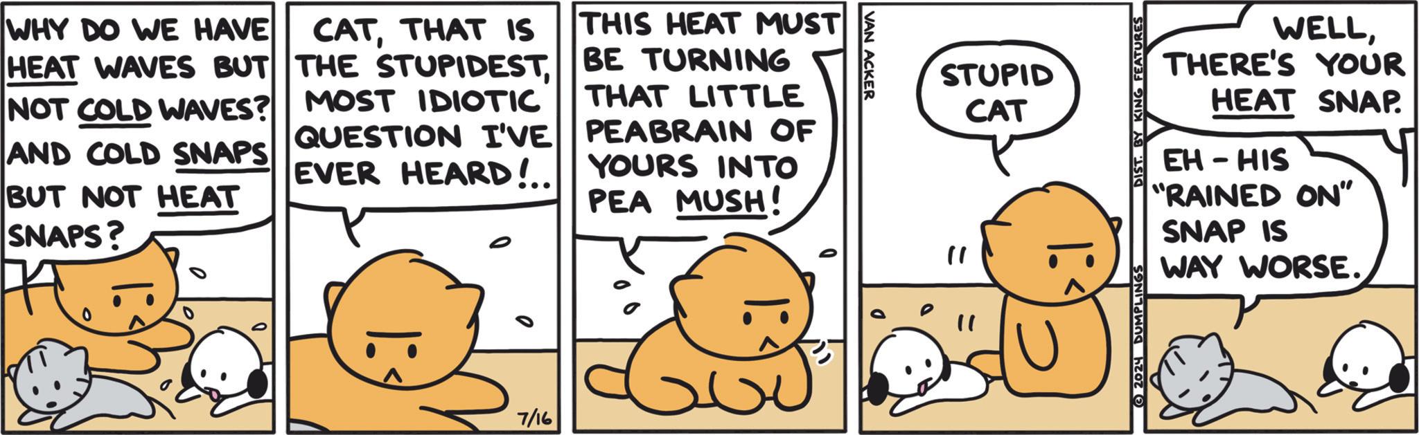 Gesture OCR: WHY DO WE HAVE HEAT WAVES BUT NOT COLD WAVES? AND COLD SNAPS BUT NOT HEAT SNAPS? CATTHAT IS THE STUPIDEST. MOST IDIOTIC QUESTION I'VE EVER HEARD!. THIS HEAT MUST BE TURNING THAT LITTLE PEABRAIN OF YOURS INTO PEA MUSH! 7/16 VAN ACKER STUPID CAT " |: < DIST. BY KING FEATURES 2024 DUMPLINGS WELLTHERE'S YOUR HEAT SNAP EH - HIS "RAINED ON" SNAP IS WAY WORSE. WHY DO WE HAVE HEAT WAVES BUT NOT COLD WAVES ? AND COLD SNAPS BUT NOT HEAT SNAPS ? CATTHAT IS THE STUPIDEST . MOST IDIOTIC QUESTION I'VE EVER HEARD !. THIS HEAT MUST BE TURNING THAT LITTLE PEABRAIN OF YOURS INTO PEA MUSH ! 7/16 VAN ACKER STUPID CAT " | : < DIST . BY KING FEATURES 2024 DUMPLINGS WELLTHERE'S YOUR HEAT SNAP EH - HIS " RAINED ON " SNAP IS WAY WORSE .
