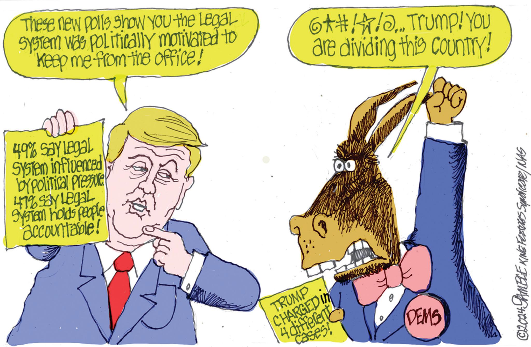 Finger OCR: These new polls show you the Legal System was politically motivated to Keep me from the office! 64#!/Trump! YOU are dividing this country! 49% Say Legal System influenced by political Pressure 47% Say Legal System holds people accountable! TRUMP CHARGED IN 4 different Cases! DEMS © 2024 SAMBLE KING Features Syndicate/NAS These new polls show you the Legal System was politically motivated to Keep me from the office ! 64 # ! / Trump ! YOU are dividing this country ! 49 % Say Legal System influenced by political Pressure 47 % Say Legal System holds people accountable ! TRUMP CHARGED IN 4 different Cases ! DEMS © 2024 SAMBLE KING Features Syndicate / NAS