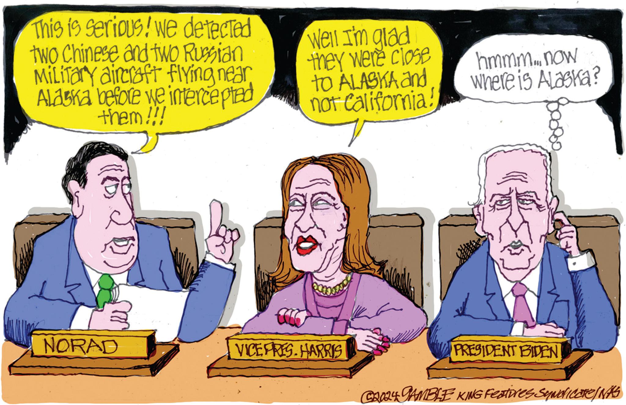 Font OCR: 6000This is serious! we detected two Chinese and two Russian Military aircraft flying near Alaska before we intercepted them!!! Well I'm glad they were close to ALASKA and not California! hmmm... now Where is Alaska? NORAD VICE FRES. HARRIS PRESIDENT BIDEN C2024 GAMBLE KING Features Syndicate/NAS 6000This is serious ! we detected two Chinese and two Russian Military aircraft flying near Alaska before we intercepted them !!! Well I'm glad they were close to ALASKA and not California ! hmmm ... now Where is Alaska ? NORAD VICE FRES . HARRIS PRESIDENT BIDEN C2024 GAMBLE KING Features Syndicate / NAS