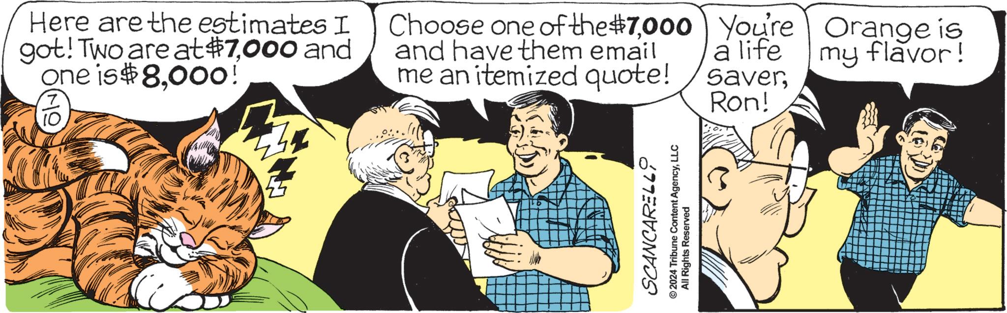 Conversation OCR: Here are the estimates I got! Two are at $7000 and one is $8000! Choose one of the $7000 You're and have them email a life me an itemized quote! /saverSCANCARELLO © 2024 Tribune Content AgencyLLC All Rights Reserved Ron! Orange is my flavor! Here are the estimates I got ! Two are at $ 7000 and one is $ 8000 ! Choose one of the $ 7000 You're and have them email a life me an itemized quote ! / saverSCANCARELLO © 2024 Tribune Content AgencyLLC All Rights Reserved Ron ! Orange is my flavor !