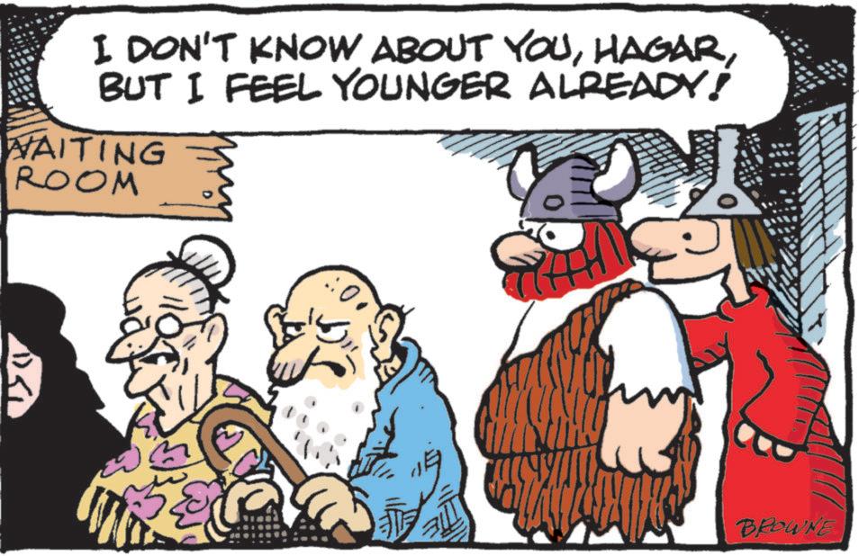 People OCR: I DON'T KNOW ABOUT YOUBUT I FEEL YOUNGER ALREADY! WAITING ROOM :00 BROWNE I DON'T KNOW ABOUT YOUBUT I FEEL YOUNGER ALREADY ! WAITING ROOM : 00 BROWNE