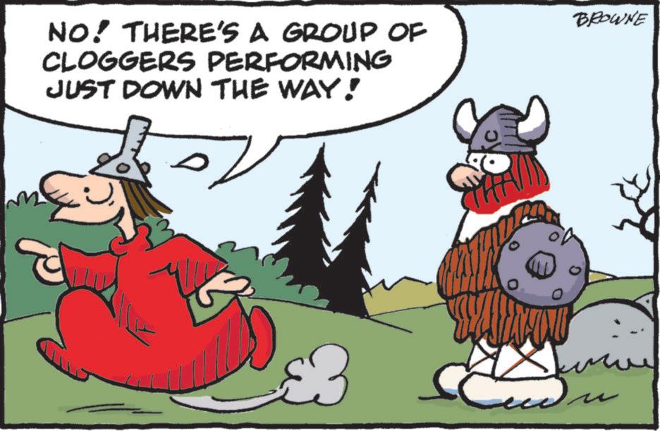 Fictional character OCR: NO! THERE'S A GROUP OF CLOGGERS PERFORMING JUST DOWN THE WAY! BROWNE £3 TH NO ! THERE'S A GROUP OF CLOGGERS PERFORMING JUST DOWN THE WAY ! BROWNE £ 3 TH