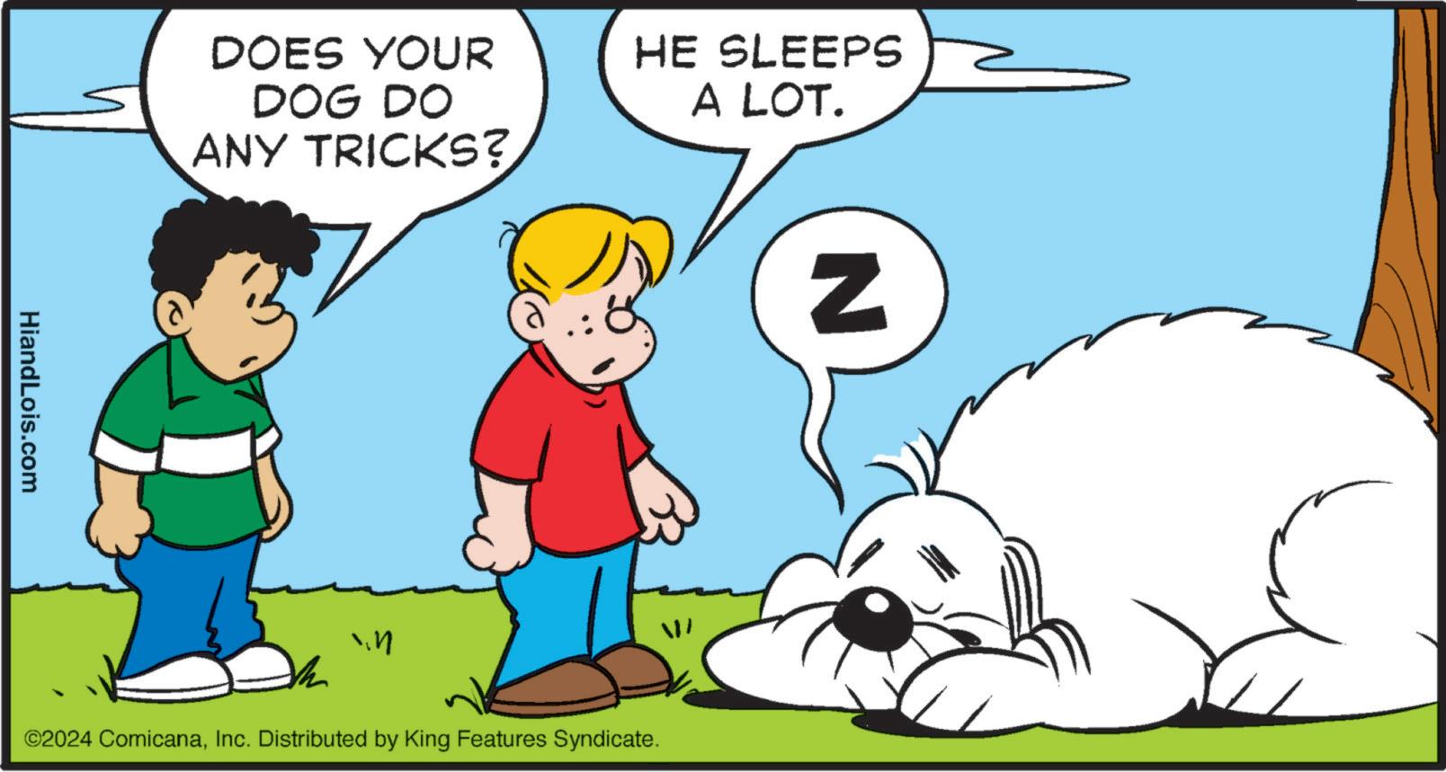 Art OCR: HiandLois.com ? DOES YOUR DOG DO ANY TRICKS? ?? HE SLEEPS ©2024 ComicanaInc. Distributed by King Features Syndicate. A LOT. N HiandLois.com ? DOES YOUR DOG DO ANY TRICKS ? ?? HE SLEEPS © 2024 ComicanaInc. Distributed by King Features Syndicate . A LOT . N