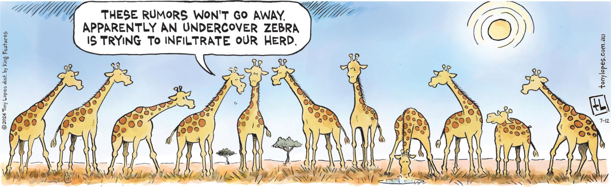 Cartoon OCR: 2024 Tony Lopes dist. by King Features THESE RUMORS WON'T GO AWAY. APPARENTLY AN UNDERCOVER ZEBRA IS TRYING TO INFILTRATE OUR HERD. 7-12 tonylopes.com.au 2024 Tony Lopes dist . by King Features THESE RUMORS WON'T GO AWAY . APPARENTLY AN UNDERCOVER ZEBRA IS TRYING TO INFILTRATE OUR HERD . 7-12 tonylopes.com.au