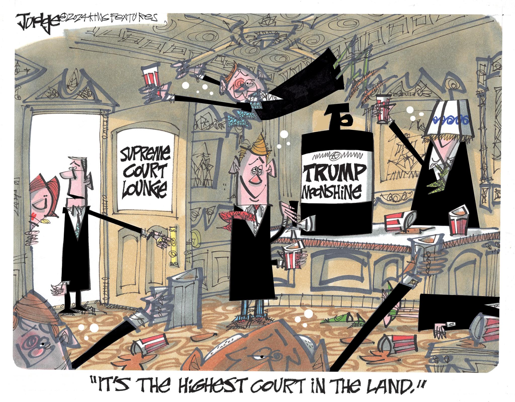 Visual arts OCR: Jodge 82024KING FEXTURES 110077 SUPREMINE COURT LOUNGE T wwwwww TRUMP NeONSHINE L 09606 "IT'S THE HIGHEST COURT IN THE LAND." Jodge 82024KING FEXTURES 110077 SUPREMINE COURT LOUNGE T wwwwww TRUMP NeONSHINE L 09606 " IT'S THE HIGHEST COURT IN THE LAND . "
