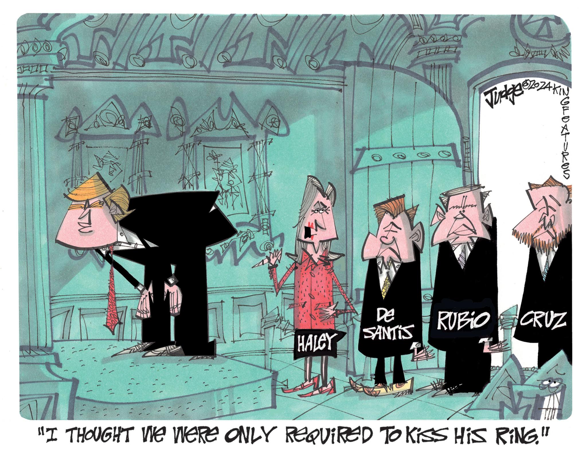 Graphics OCR: O 0 Judge De RUBIO CRUZ SANTIS HALEY "I THOUGHT WE WERE ONLY REQUIRED TO Kiss His RiNG." O 0 Judge De RUBIO CRUZ SANTIS HALEY " I THOUGHT WE WERE ONLY REQUIRED TO Kiss His RiNG . "