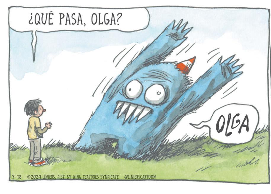 Drawing OCR: ¿QUÉ PASAOLGA? 7-18 2024 LINIERSDIST. BY KING FEATURES SYNDICATE @LINIERSCARTOON OLGA ¿ QUÉ PASAOLGA ? 7-18 2024 LINIERSDIST . BY KING FEATURES SYNDICATE @LINIERSCARTOON OLGA