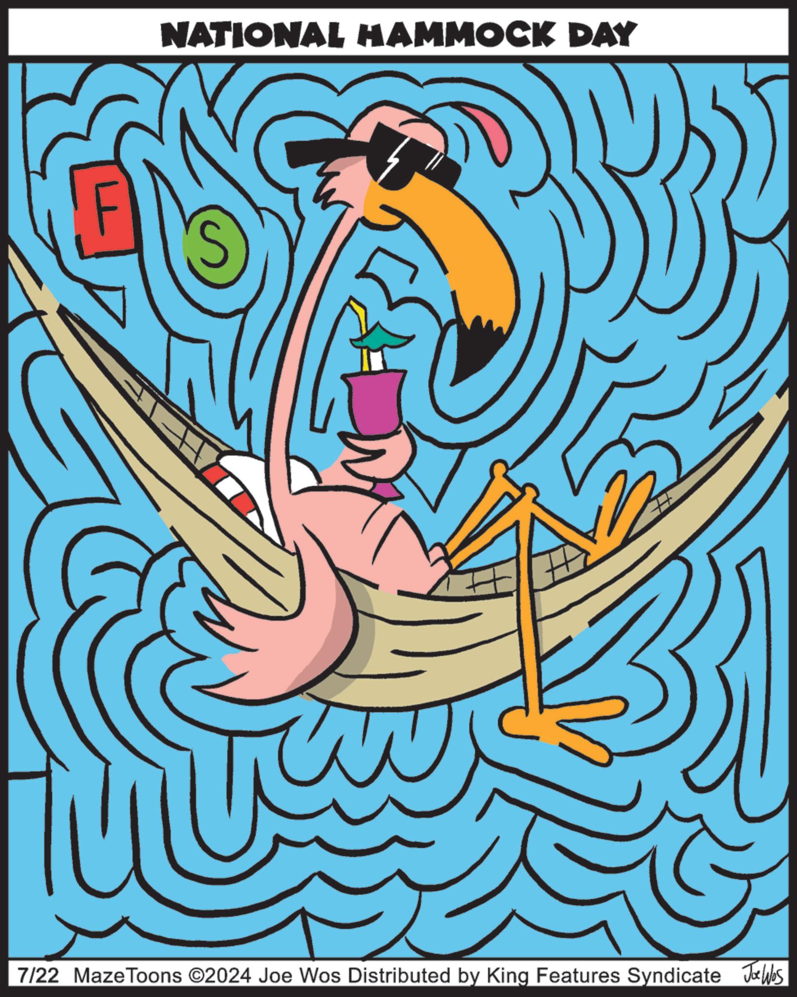 Illustration OCR: NATIONAL HAMMOCK DAY 7/22 Maze Toons ©2024 Joe Wos Distributed by King Features Syndicate Jobs NATIONAL HAMMOCK DAY 7/22 Maze Toons © 2024 Joe Wos Distributed by King Features Syndicate Jobs