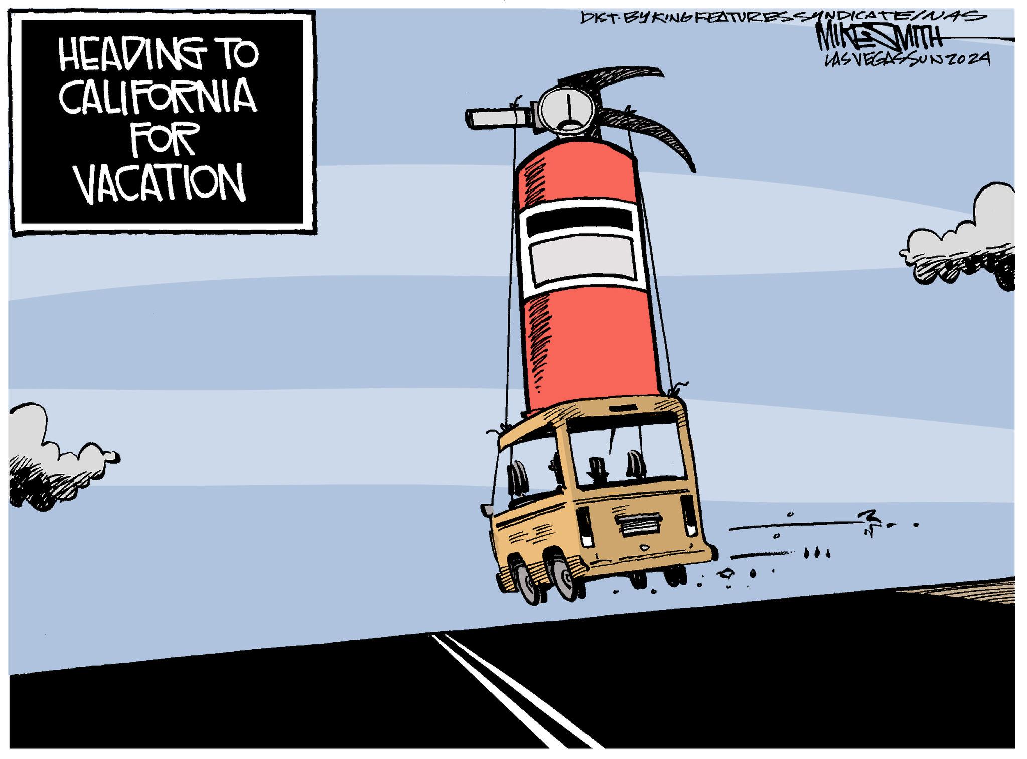 Graphics OCR: HEADING TO CALIFORNIA FOR VACATION DIST. BY KING FEATURESSYNDICATE/NAS MIKE SMITH LAS VEGASSUNZOZA HEADING TO CALIFORNIA FOR VACATION DIST . BY KING FEATURESSYNDICATE / NAS MIKE SMITH LAS VEGASSUNZOZA