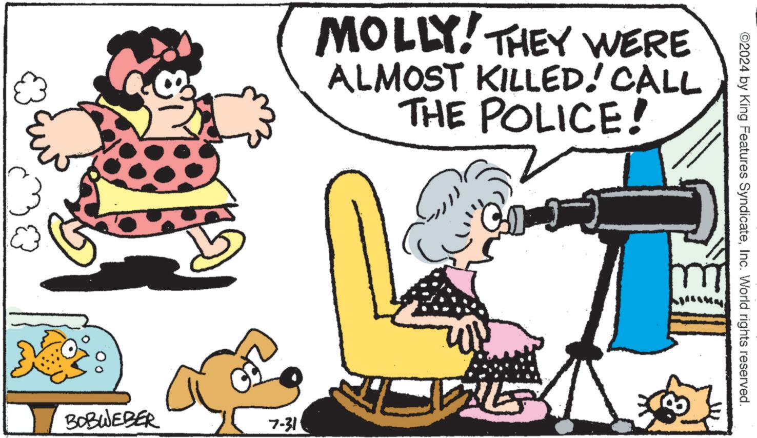 Happy OCR: MOLLY! THEY WERE ALMOST KILLED! CALL THE POLICE! BOBWEBER 7-31 ©2024 by King Features SyndicateInc. World rights reserved. MOLLY ! THEY WERE ALMOST KILLED ! CALL THE POLICE ! BOBWEBER 7-31 © 2024 by King Features SyndicateInc. World rights reserved .