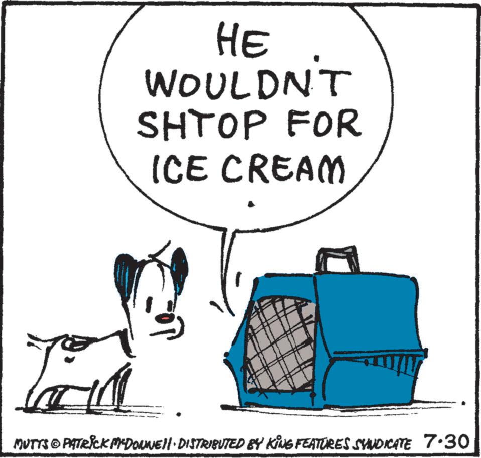 Electric blue OCR: HE WOULDNT SHTOP FOR ICE CREAM MUTTS & PATRICK MYDONNEN DISTRIBUTED BY KING FEATURES SYNDICATE 7.30 HE WOULDNT SHTOP FOR ICE CREAM MUTTS & PATRICK MYDONNEN DISTRIBUTED BY KING FEATURES SYNDICATE 7.30
