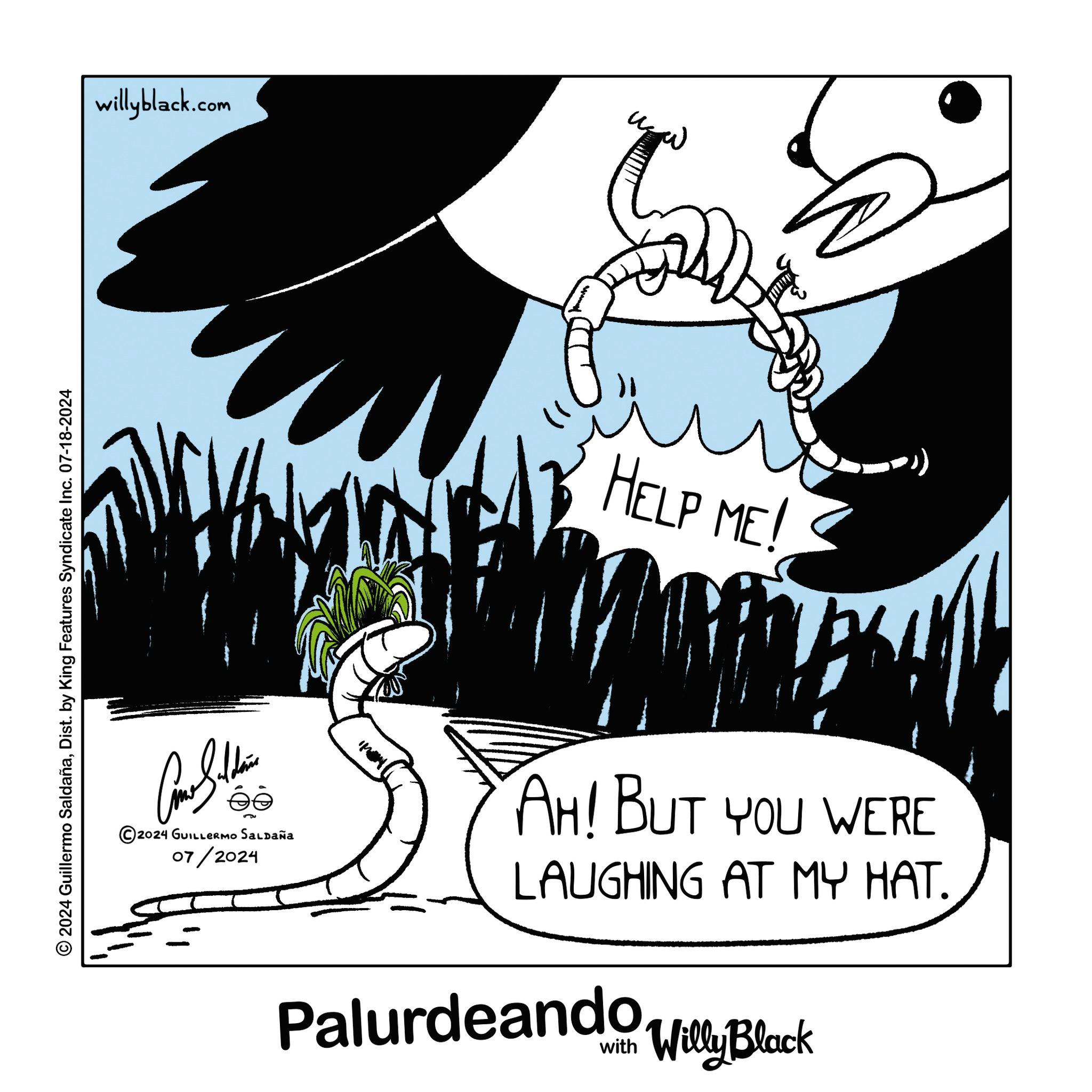 Symbol OCR: © 2024 Guillermo SaldañaDist. by King Features Syndicate Inc. 07-18-2024 willyblack.com Cone Sithin 2024 GUILLERMO SALDAÑA 07/2024 ? us HELP ME! AH! BUT YOU WERE LAUGHING AT MY HAT. Palurdeando Villy Black © 2024 Guillermo SaldañaDist . by King Features Syndicate Inc. 07-18-2024 willyblack.com Cone Sithin 2024 GUILLERMO SALDAÑA 07/2024 ? us HELP ME ! AH ! BUT YOU WERE LAUGHING AT MY HAT . Palurdeando Villy Black