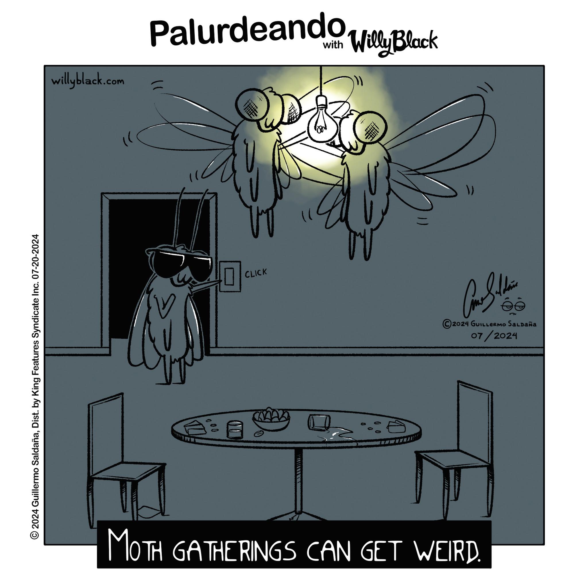 Pattern OCR: © 2024 Guillermo SaldañaDist. by King Features Syndicate Inc. 07-20-2024 willyblack.com Palurdeando Willy Black L 000 ? CLICK ?? MOTH GATHERINGS CAN GET WEIRD. Car Subdivis 2024 GUILLERMO SALDAÑa 07/2024 © 2024 Guillermo SaldañaDist . by King Features Syndicate Inc. 07-20-2024 willyblack.com Palurdeando Willy Black L 000 ? CLICK ?? MOTH GATHERINGS CAN GET WEIRD . Car Subdivis 2024 GUILLERMO SALDAÑa 07/2024