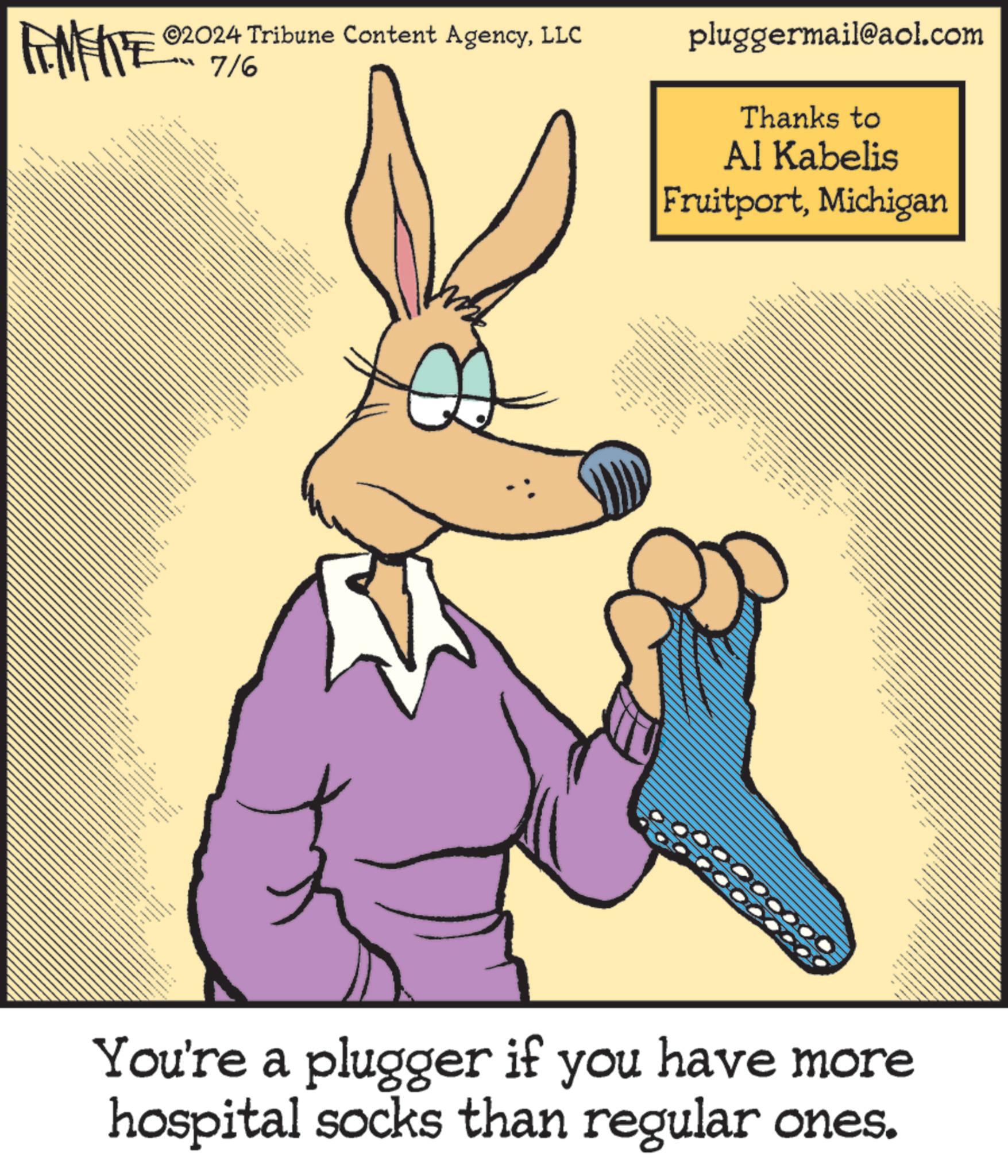 Working animal OCR: 02024 Tribune Content AgencyLLC 7/6 pluggermail@aol.com Thanks to Al Kabelis FruitportMichigan You're a plugger if you have more hospital socks than regular ones. 02024 Tribune Content AgencyLLC 7/6 pluggermail@aol.com Thanks to Al Kabelis FruitportMichigan You're a plugger if you have more hospital socks than regular ones .
