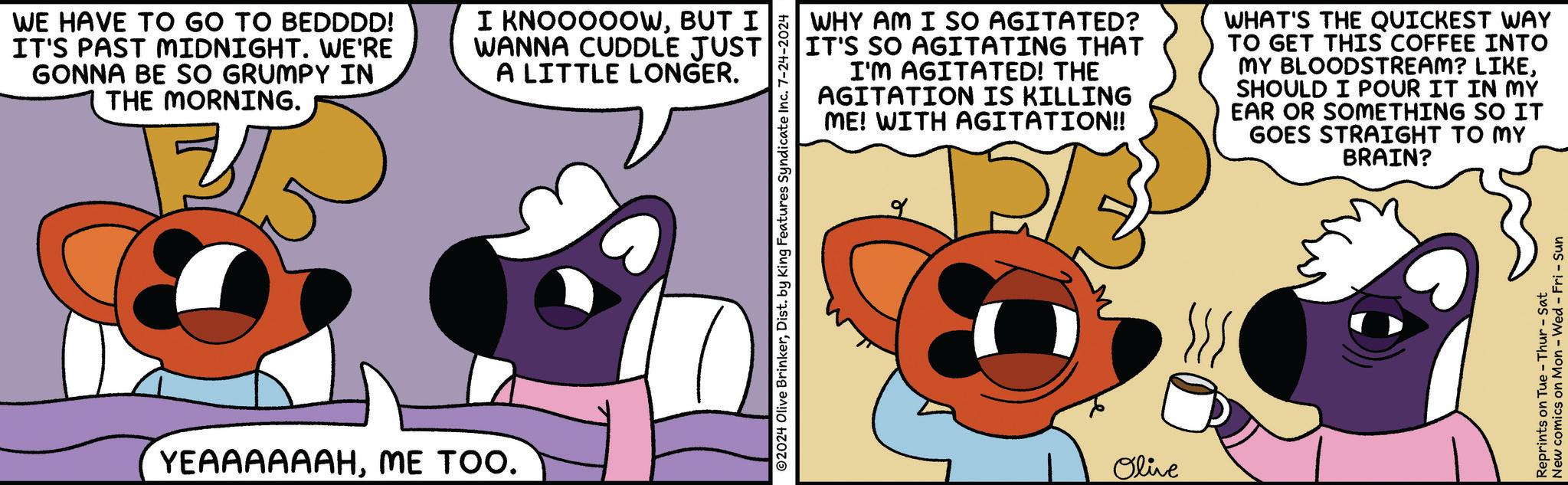 Animated cartoon OCR: WE HAVE TO GO TO BEDDDD! IT'S PAST MIDNIGHT. WE'RE GONNA BE SO GRUMPY IN THE MORNING. I KNOOOOOWBUT I WANNA CUDDLE JUST A LITTLE LONGER. YEAAAAAAHME TOO. WHY AM I SO AGITATED? IT'S SO AGITATING THAT I'M AGITATED! THE AGITATION IS KILLING ME! WITH AGITATION!! WHAT'S THE QUICKEST WAY TO GET THIS COFFEE INTO MY BLOODSTREAM? LIKESHOULD I POUR IT IN MY EAR OR SOMETHING SO IT GOES STRAIGHT TO MY BRAIN? ©2024 Olive BrinkerDist. by King Features Syndicate Inc. 7-24-2024 9 Olive Reprints on Tue-Thur-Sat New comics on Mon - Wed - Fri - Sun WE HAVE TO GO TO BEDDDD ! IT'S PAST MIDNIGHT . WE'RE GONNA BE SO GRUMPY IN THE MORNING . I KNOOOOOWBUT I WANNA CUDDLE JUST A LITTLE LONGER . YEAAAAAAHME TOO . WHY AM I SO AGITATED ? IT'S SO AGITATING THAT I'M AGITATED ! THE AGITATION IS KILLING ME ! WITH AGITATION !! WHAT'S THE QUICKEST WAY TO GET THIS COFFEE INTO MY BLOODSTREAM ? LIKESHOULD I POUR IT IN MY EAR OR SOMETHING SO IT GOES STRAIGHT TO MY BRAIN ? © 2024 Olive BrinkerDist . by King Features Syndicate Inc. 7-24-2024 9 Olive Reprints on Tue - Thur - Sat New comics on Mon - Wed - Fri - Sun