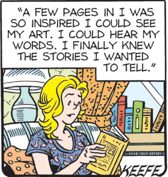 Line art OCR: "A FEW PAGES IN I WAS SO INSPIRED I COULD SEE MY ART. I COULD HEAR MY WORDS. I FINALLY KNEW THE STORIES I WANTED TO TELL." ? 15 ILIO ??? 19 AKEEFE " A FEW PAGES IN I WAS SO INSPIRED I COULD SEE MY ART . I COULD HEAR MY WORDS . I FINALLY KNEW THE STORIES I WANTED TO TELL . " ? 15 ILIO ??? 19 AKEEFE