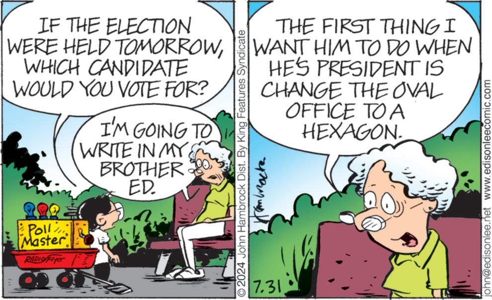 Font OCR: IF THE ELECTION WERE HELD TOMORROWWHICH CANDIDATE WOULD YOU VOTE FOR? Poll Master RADIO Flyer I'M GOING TO WRITE IN MY M BROTHER ED. THE FIRST THING I WANT HIM TO DO WHEN HE'S PRESIDENT IS CHANGE THE OVAL OFFICE TO A O2024 John Hambrock Dist. By King Features Syndicate 7.31 Cambracke HEXAGON. john@edisonlee.net www.edisonleecomic.com IF THE ELECTION WERE HELD TOMORROWWHICH CANDIDATE WOULD YOU VOTE FOR ? Poll Master RADIO Flyer I'M GOING TO WRITE IN MY M BROTHER ED . THE FIRST THING I WANT HIM TO DO WHEN HE'S PRESIDENT IS CHANGE THE OVAL OFFICE TO A O2024 John Hambrock Dist . By King Features Syndicate 7.31 Cambracke HEXAGON . john@edisonlee.net www.edisonleecomic.com