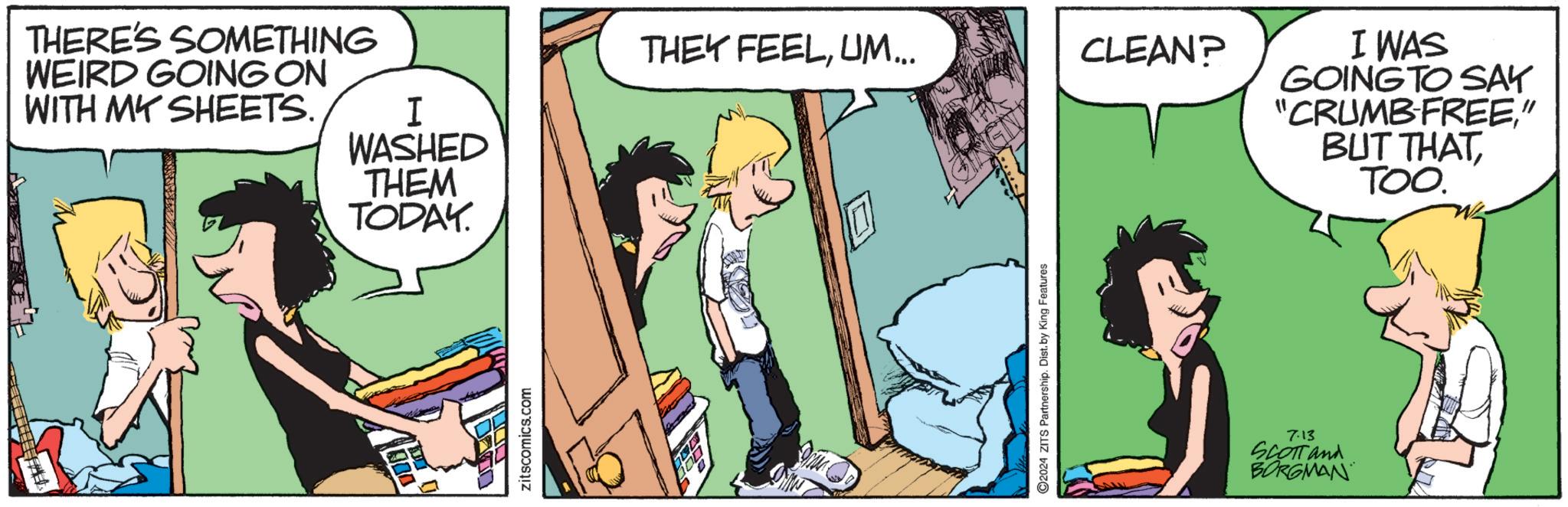 Illustration OCR: THERE'S SOMETHING WEIRD GOING ON WITH MY SHEETS. I WASHED THEM TODAY. zitscomics.com THEY FEELUM... LIME 2024 ZITS Partnership. Dist. by King Features CLEAN? I WAS GOING TO SAY "CRUMB-FREE" BUT THATTOO. 7.13 SCOTT and BORGMAN THERE'S SOMETHING WEIRD GOING ON WITH MY SHEETS . I WASHED THEM TODAY . zitscomics.com THEY FEELUM ... LIME 2024 ZITS Partnership . Dist . by King Features CLEAN ? I WAS GOING TO SAY " CRUMB - FREE" BUT THATTOO . 7.13 SCOTT and BORGMAN