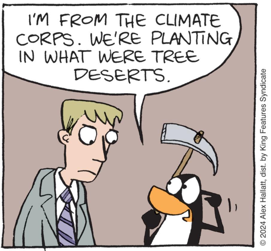 Mammal OCR: I'M FROM THE CLIMATE CORPS. WE'RE PLANTING IN WHAT WERE TREE DESERTS. O 2024 Alex Hallattdist. by King Features Syndicate I'M FROM THE CLIMATE CORPS . WE'RE PLANTING IN WHAT WERE TREE DESERTS . O 2024 Alex Hallattdist . by King Features Syndicate