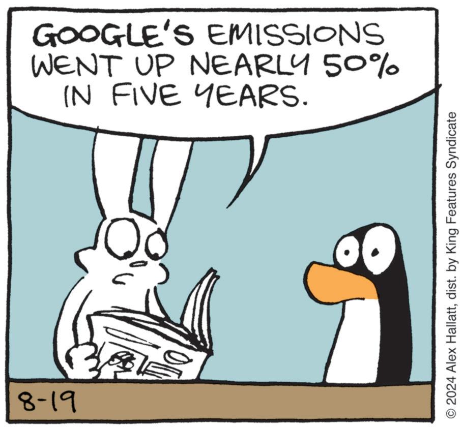 Ear OCR: 8-19 GOOGLE'S EMISSIONS WENT UP NEARLY 50% IN FIVE YEARS. 2024 Alex Hallattdist. by King Features Syndicate 8-19 GOOGLE'S EMISSIONS WENT UP NEARLY 50 % IN FIVE YEARS . 2024 Alex Hallattdist . by King Features Syndicate