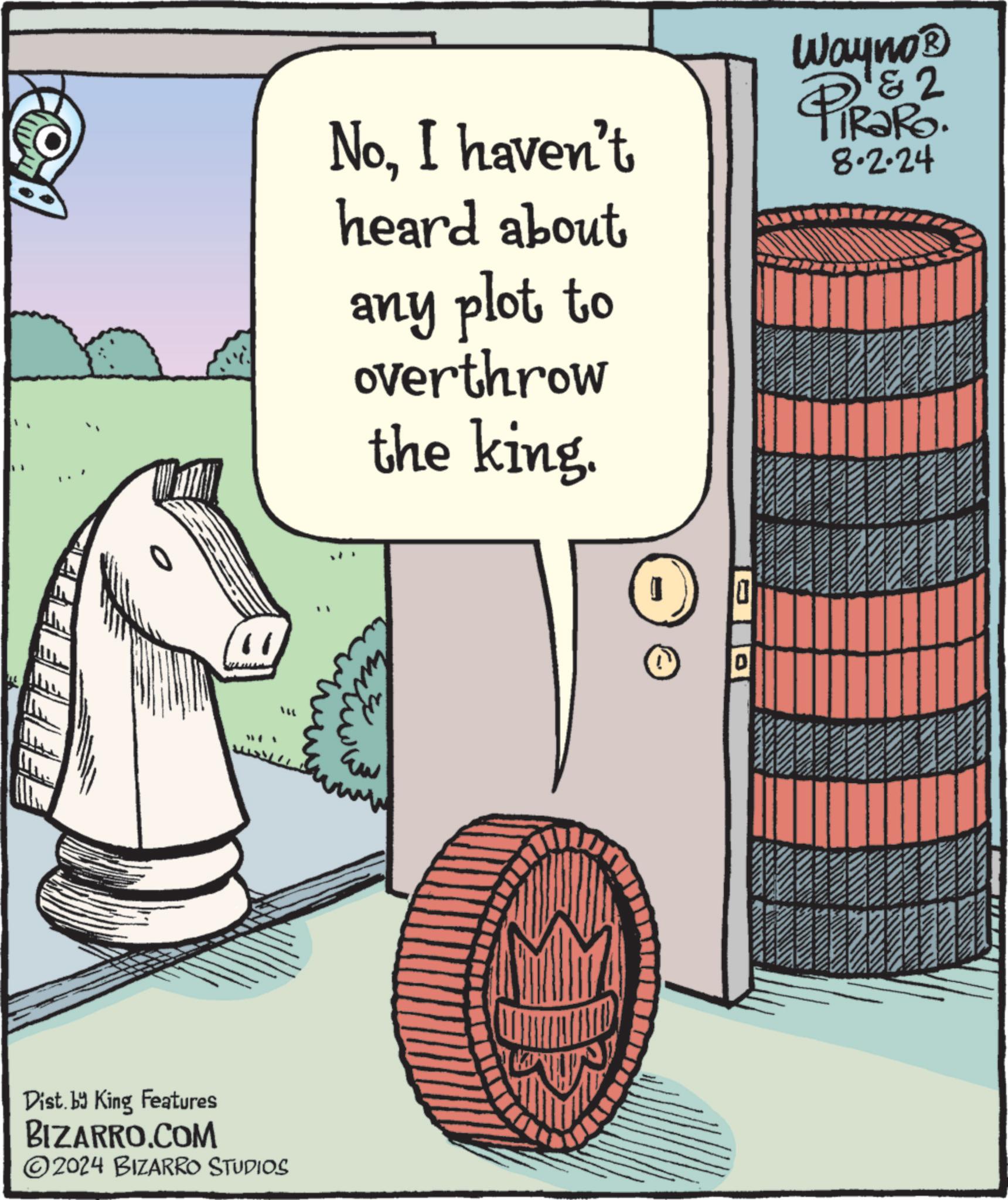 Circle OCR: NoI haven't heard about any plot to overthrow the king. Wayno? & 2 PiRaRo. 8·2·24 Dist. by King Features BIZARRO.COM 2024 BIZARRO STUDIOS m 0 NoI haven't heard about any plot to overthrow the king . Wayno? & 2 PiRaRo . 8 · 2 · 24 Dist . by King Features BIZARRO.COM 2024 BIZARRO STUDIOS m 0